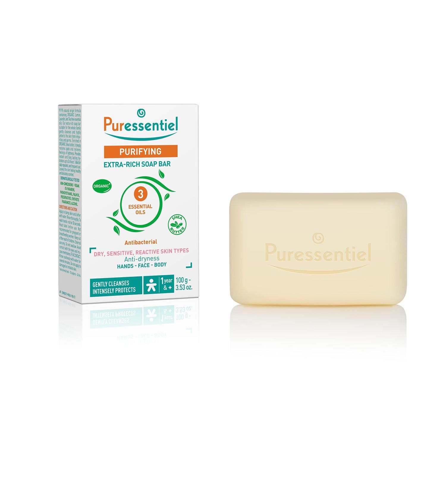 Puressentiel Purifying Extra-Rich Soap Bar 100gr - Face Hands and Body - Suitable for Dry Sensitive Skin - Cleanses and Protects - Vegan - 3 Organic Essential Oils
