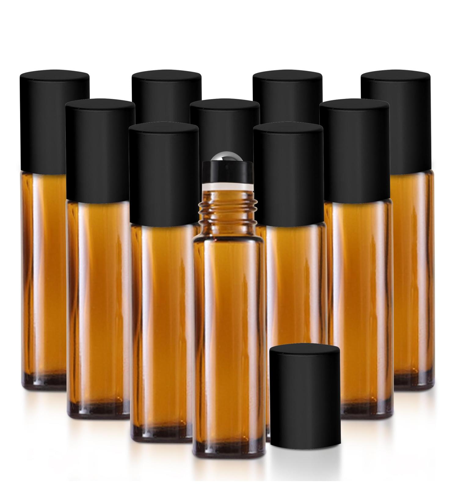 Essential Oil Roller Bottles - 10 Pack 10ml Amber Glass with Leak Guard & Stainless Steel Roller Balls - Buy Online on GoSupps.com