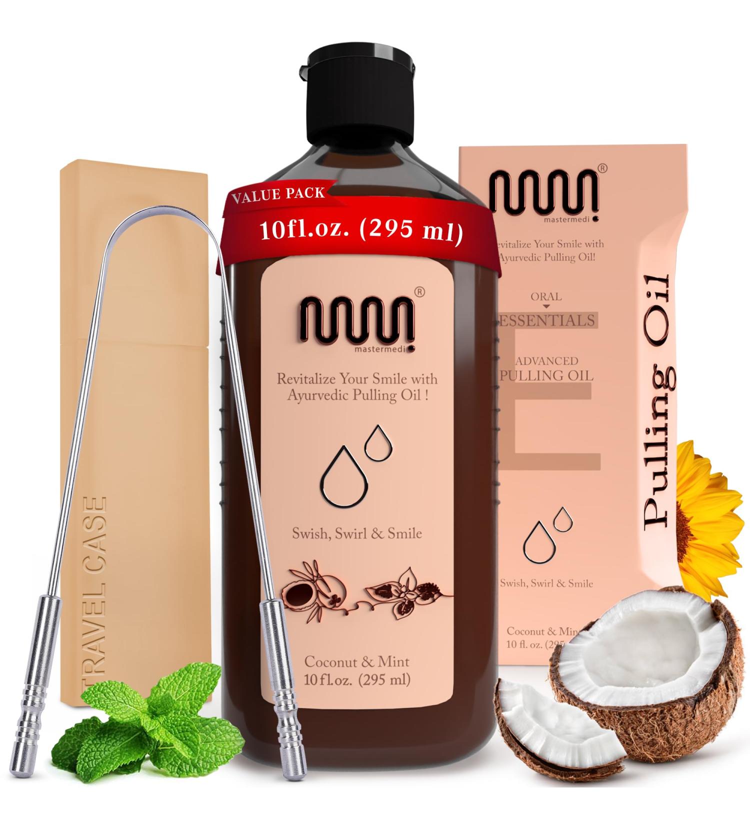 MasterMedi Coconut and Peppermint Oil Pulling (10 Fl.Oz) Mouthwash with Tongue Scraper Alcohol Free Natural Coconut Oil Pulling for Teeth Whitening Fresh Breath and Healthier Gum (Pack of 1) 10 Fl Oz (with Tongue Scraper) - Buy Online on GoSupps.com