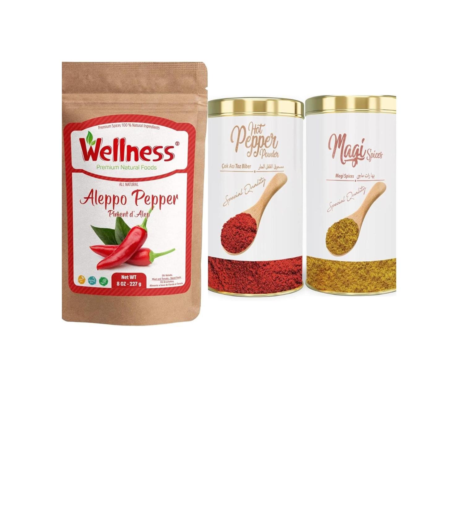 WELLNESS 3-Piece Spice Set with Aleppo Pepper Paprika & Magic Seasoning - Aromatic Spices for Cooking Middle Eastern Mediterranean & Global Cuisine - Packaged in Convenient 1 - Buy Online on GoSupps.com