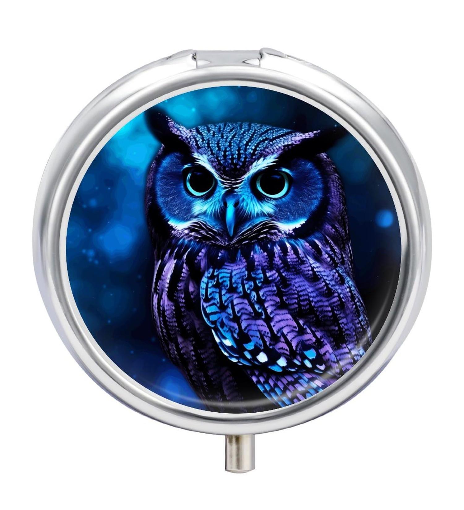 Round Blue Owl Print Pill Box - 3 Compartment Portable Medicine Organizer | Decorative Metal Pocket Pill Case - Buy Online on GoSupps.com