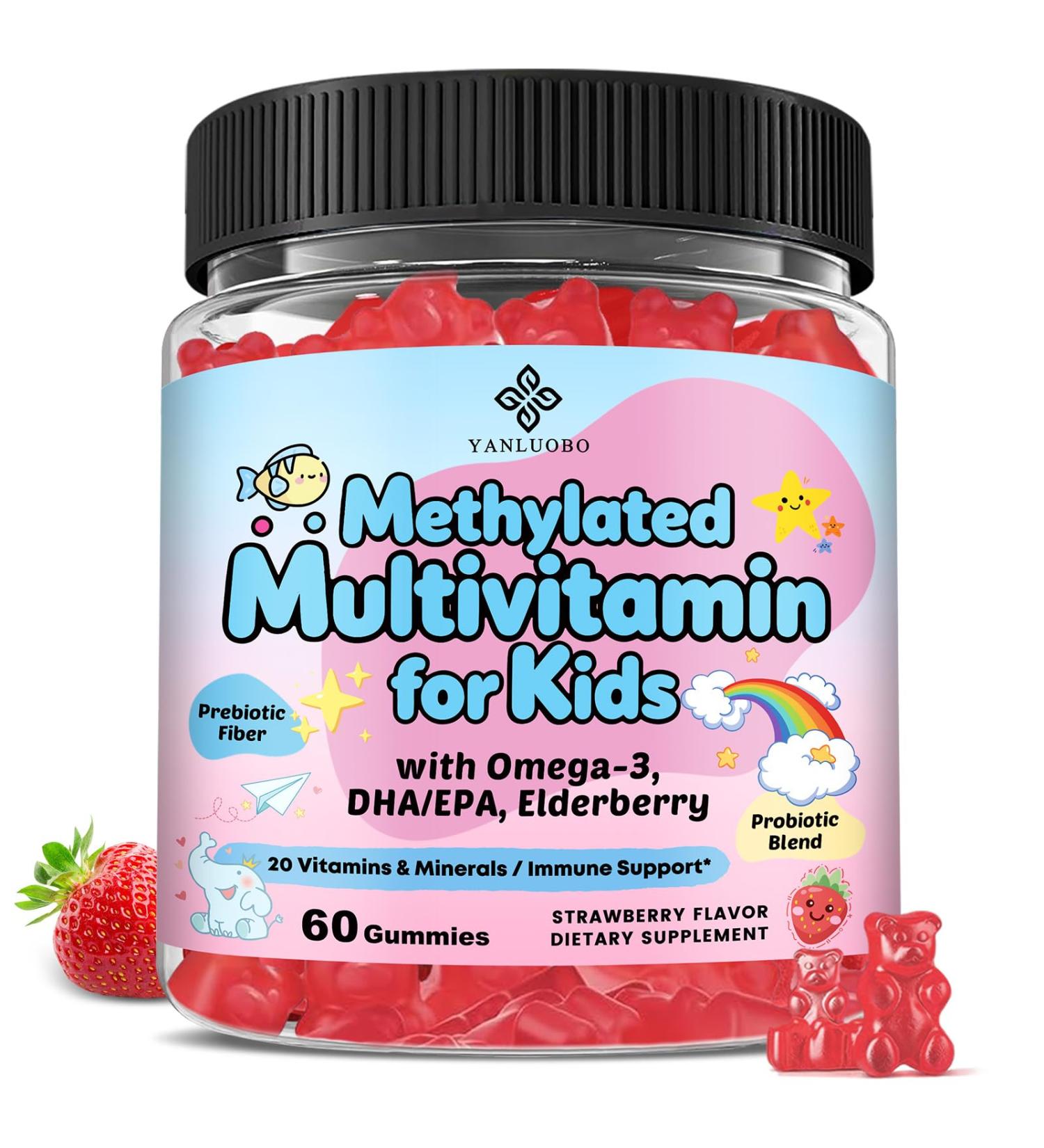Kids Multivitamin Gummies with Omega-3 (Dha+Epa), Methylated B12 & Folate, B6, B2 & Elderberry, Vitamin D3, C, A, E, Zinc, Postbiotics, Choline | for Brain, Eye & Immune, Clean, Sugar Free, 60 Cts - Buy Online on GoSupps.com
