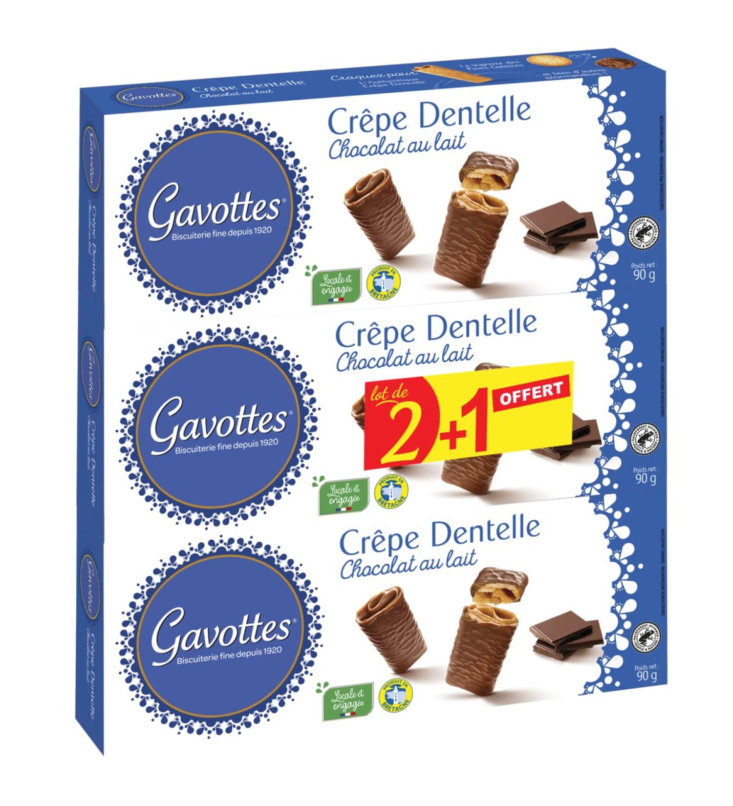 SONDEY Pack of 6 units *** GAVOTTES chocolate lace crepes 2x90g + 90g free *** (6 units per carton) ***