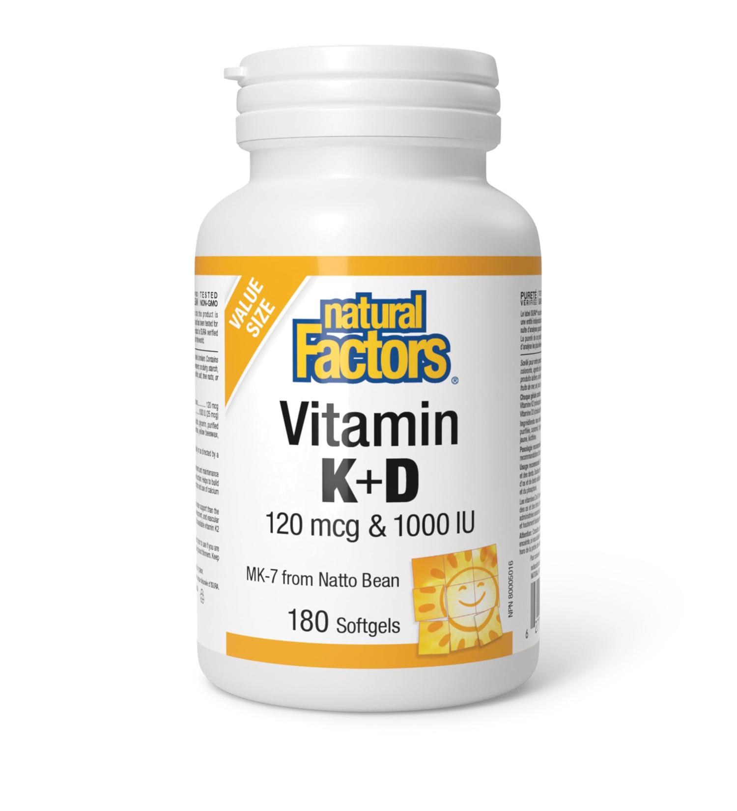 Natural Factors Vitamin K2+D3 120mcg & 1000iu 180 softgels MK-7 From Natto Beans Help build and maintain bone health - Buy Online on GoSupps.com