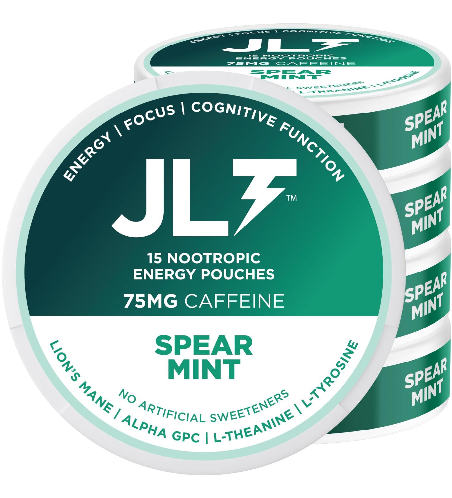 JLT 75 mg Caffeine Nootropic Pouches | Nootropic Energy Pouches with 75mg Caffeine Lion's Mane Alpha GPC L-Tyrosine & L-Theanine with no Artificial Sweeteners | 15 Pouches Per Can Spearmint 5 Pack - Buy Online on GoSupps.com