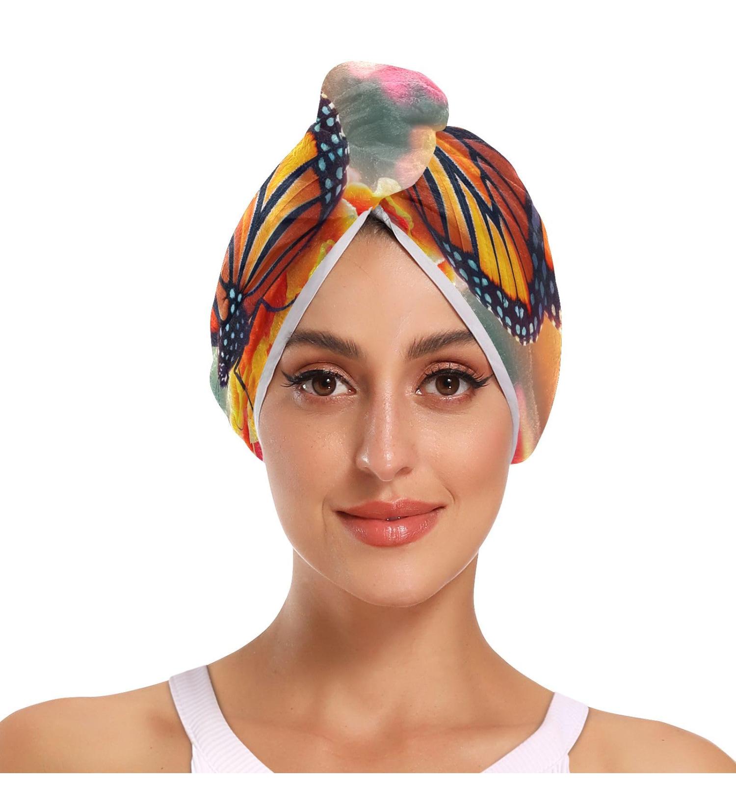 Butterfly on Lantana Flower Hair Towel 2 Pack - Super Absorbent Quick Dry Hair Turbans for Women & Girls - Buy Online on GoSupps.com