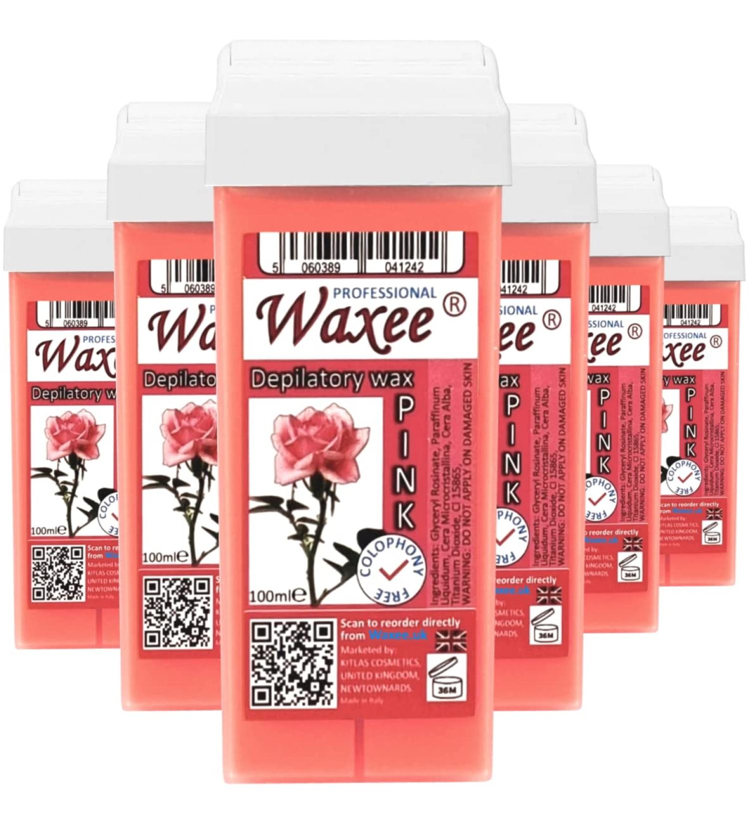 Roll-on wax cartridge roller wax refill 100ml x 6pcs from UK Brand- Waxee! (6 x 100ml roll-on wax cartridge PINK) 0.16666666666666666 count (Pack of 6) PINK with TITANIUM DIOXIDE