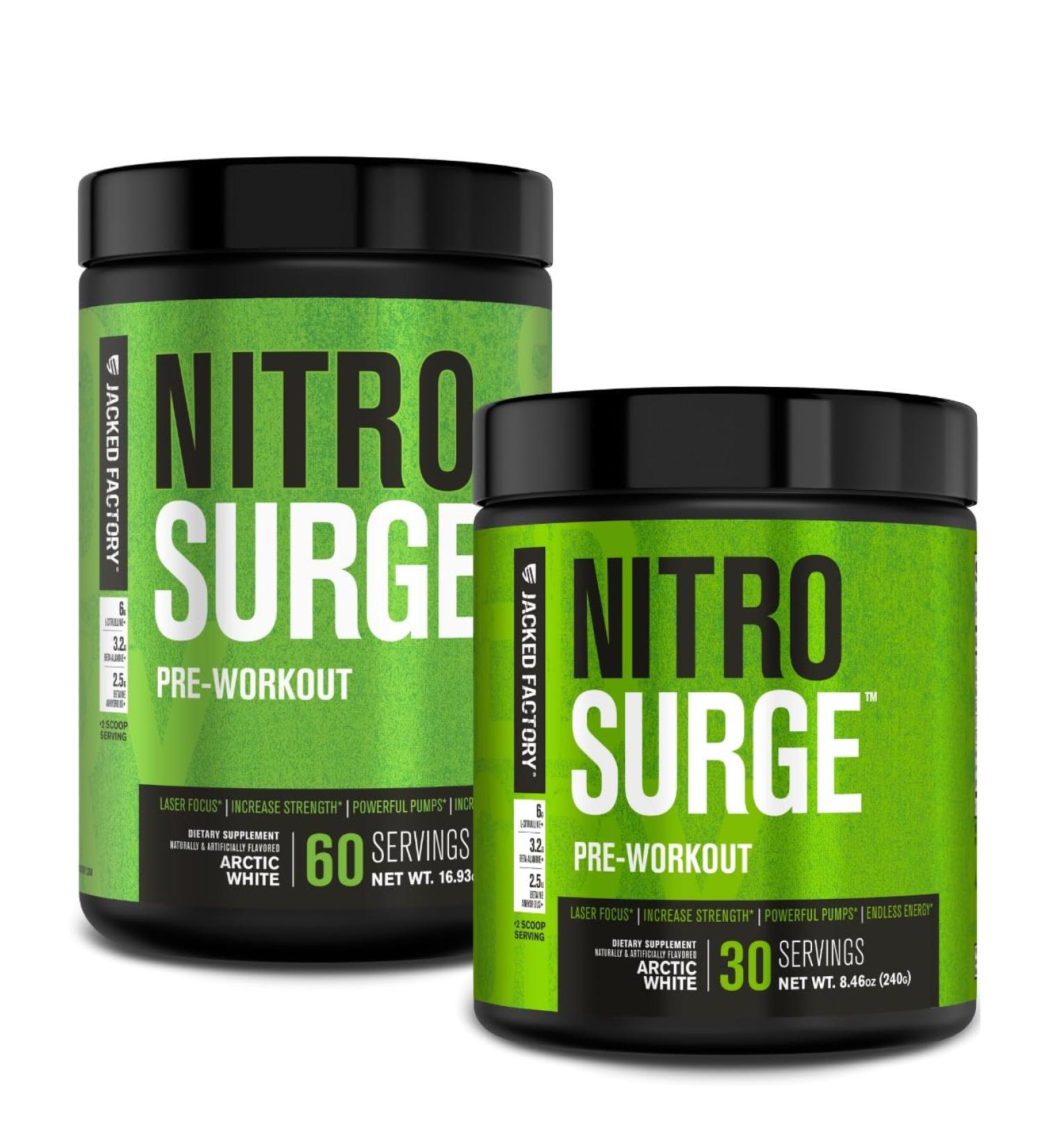 Jacked Factory NITROSURGE Pre Workout Supplement - Endless Energy Instant Strength Gains Clear Focus Intense Pumps - NO Booster & Powerful Preworkout Energy Powder - 90 Servings Arctic White - Buy Online on GoSupps.com