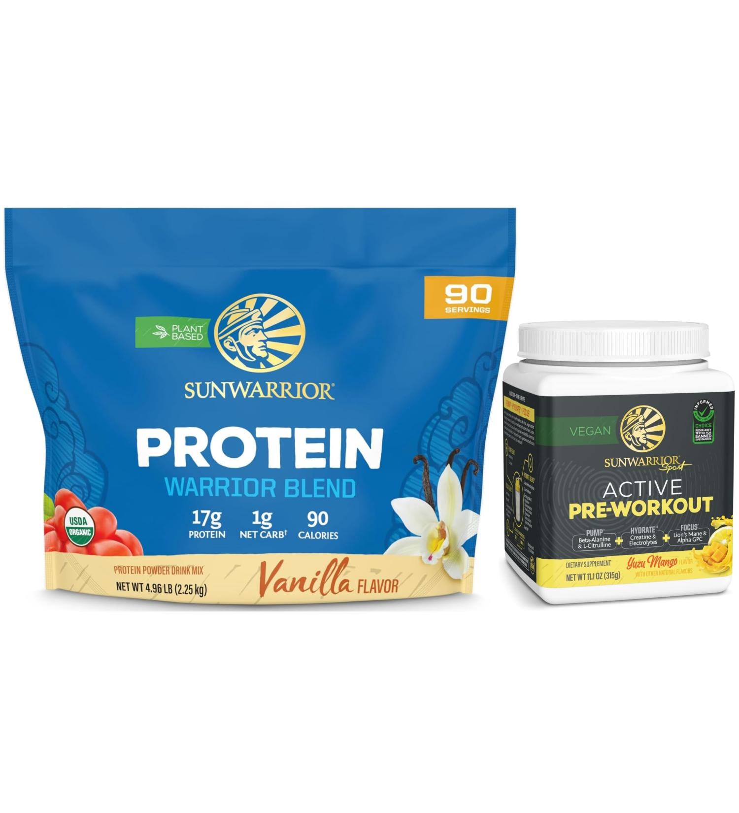 Active Preworkout Hydration Blend & Vanilla Organic Plant Based Protein Powder Set | Bundle & Save | Non-GMO Soy Dairy Filler & Gluten Free (90 Servings Protein 30 Servings Yuzu Mango Pre Workout) - Buy Online on GoSupps.com