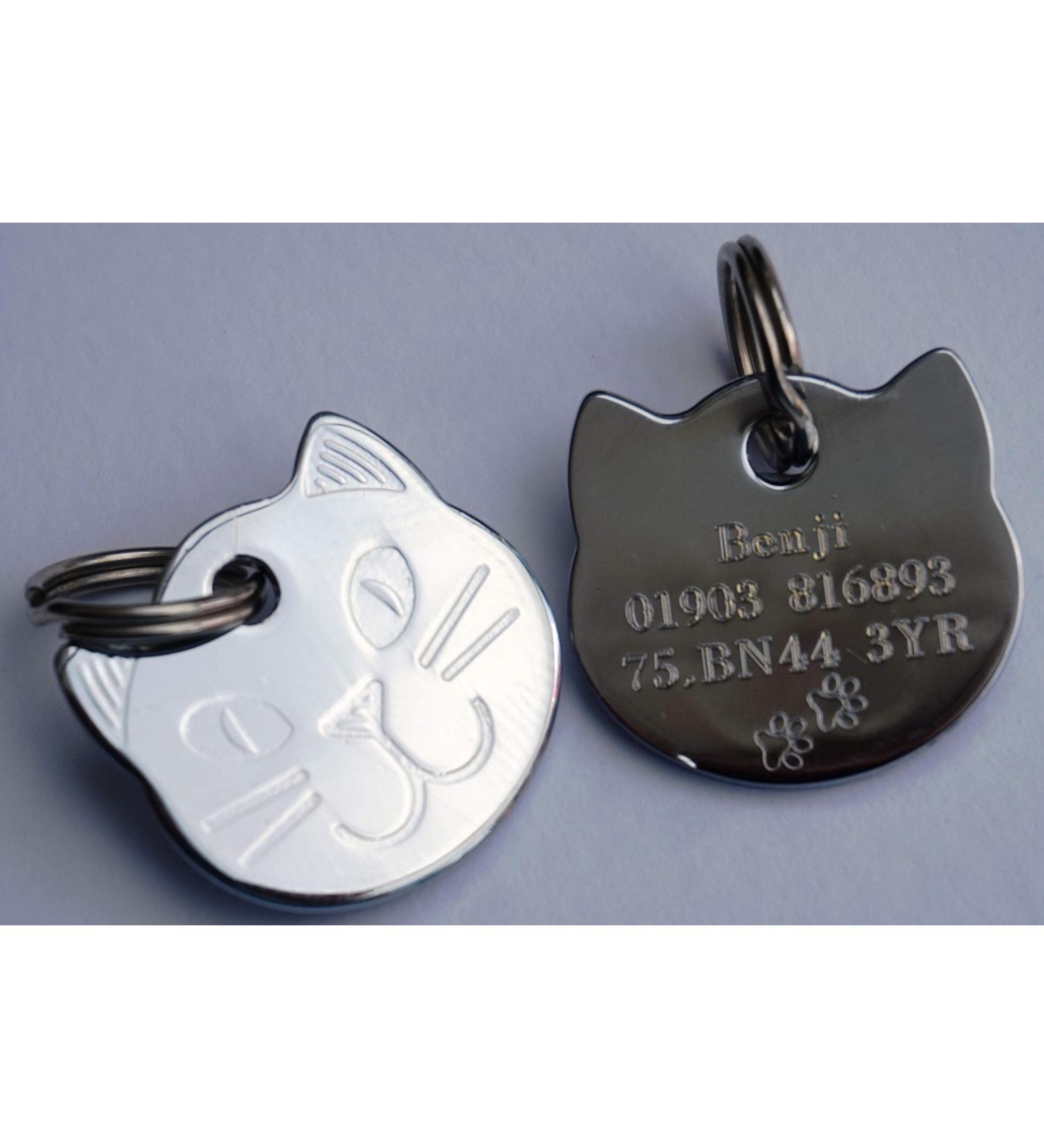 Paradise Pets Personalised Solid Chrome Durable Cat Head Pet ID Tag Disc (ENGRAVED FREE WITH PAW PRINTS & YOUR DETAILS ON REVERSE)