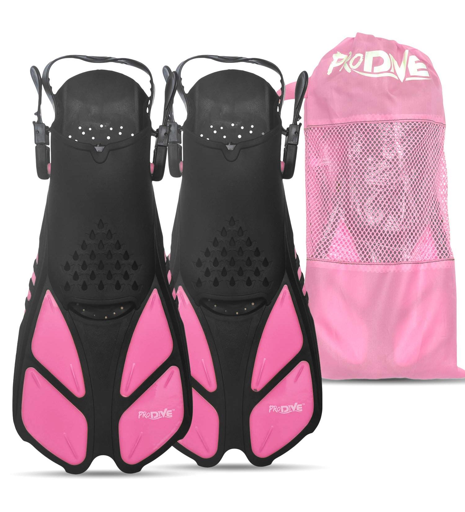 PRODIVE Adjustable Open-Heel Snorkel & Swim Fins - Short-Blade Flippers for Swimming & Diving - Pink S/M - Buy Online on GoSupps.com