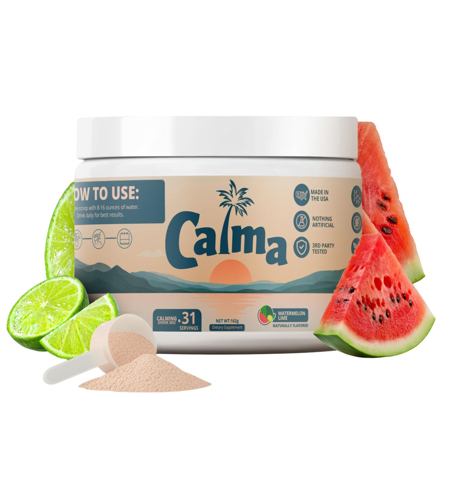 Calma Watermelon Lime Calming Drink Mix Magnesium Glycinate & Citrate with KSM-66 Ashwagandha L-Theanine & Vitamin D3 (CELLg8) Sugar Free Non-GMO 31 Servings - Buy Online on GoSupps.com