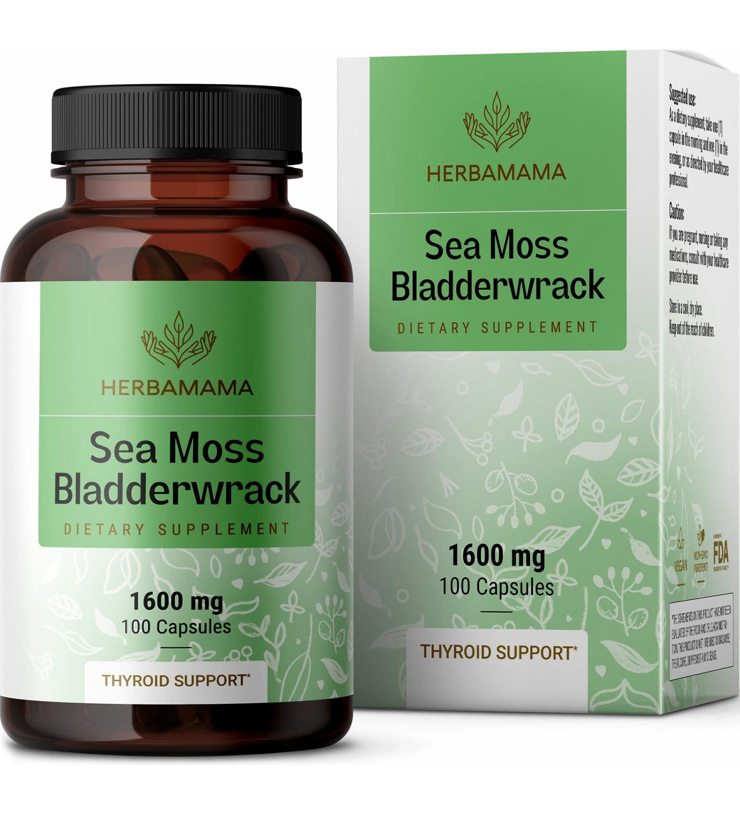 HERBAMAMA Sea Moss Capsules - Organic Irish Sea Moss Bladderwrack Supplement - 100 Vegetarian Capsules for Immunity, Thyroid, Digestive Health & Joint Support - Non-GMO Superfood (1 Pack) - Buy Online on GoSupps.com