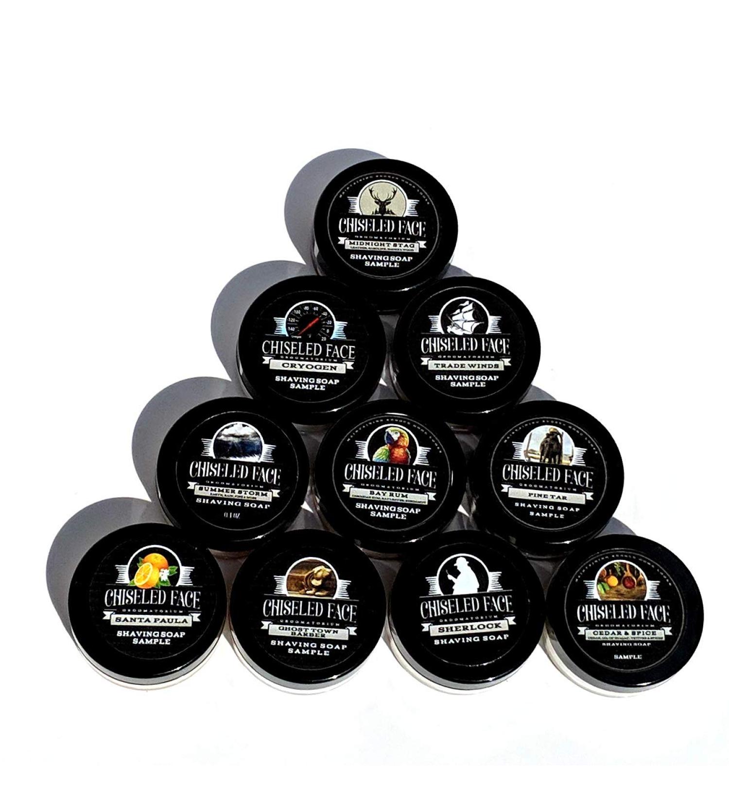 Shaving Soap Sampler by Chiseled Face  Santa Paula, Pine Tar, Sherlock, Cedar & Spice, Summer Storm, Trade Winds, Ghost Town Barber, Cryogen, and Midnight Stag  Handmade Shaving Soap