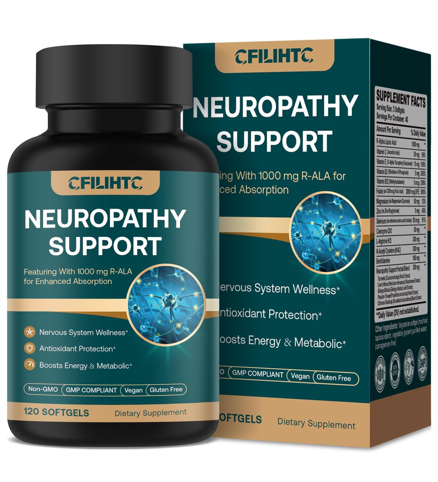 Neuropathy Support Nerve Supplement Advanced R-Alpha Lipoic Acid Supplement with Benfotiamine, NAC & B-Complex for Nerve Health, Antioxidant & Cellular Energy - Vegan 120 Softgels - Buy Online on GoSupps.com