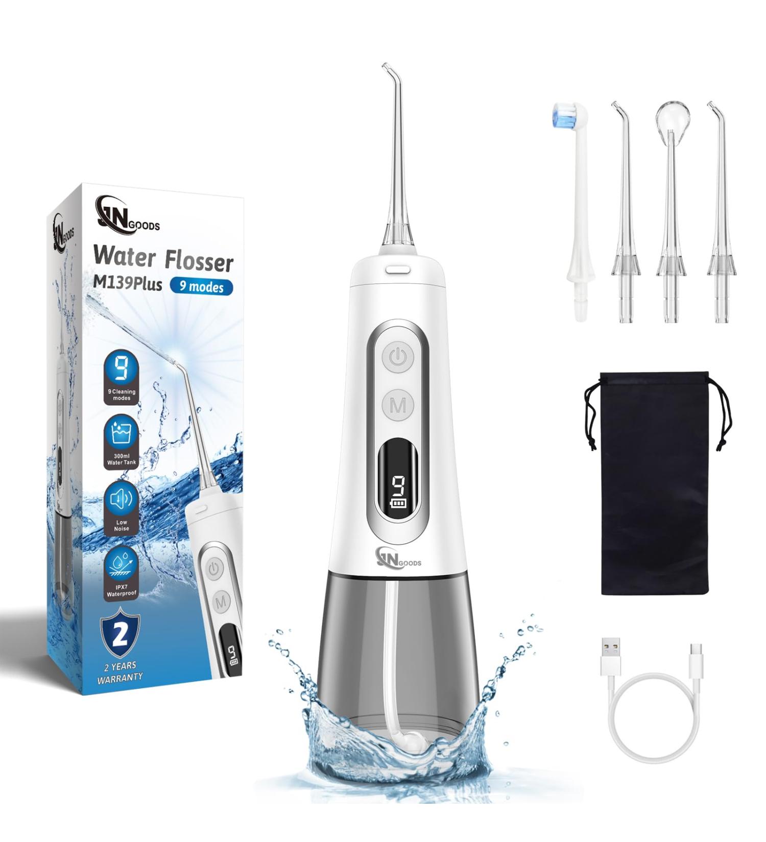 JNGOODS Water Dental Flosser - Rechargeable Oral Irrigator 300ml IPX7 Waterproof 9 Modes Portable with LED Display & 4 Jet Tips | Ideal for Travel & Home Use - Buy Online on GoSupps.com