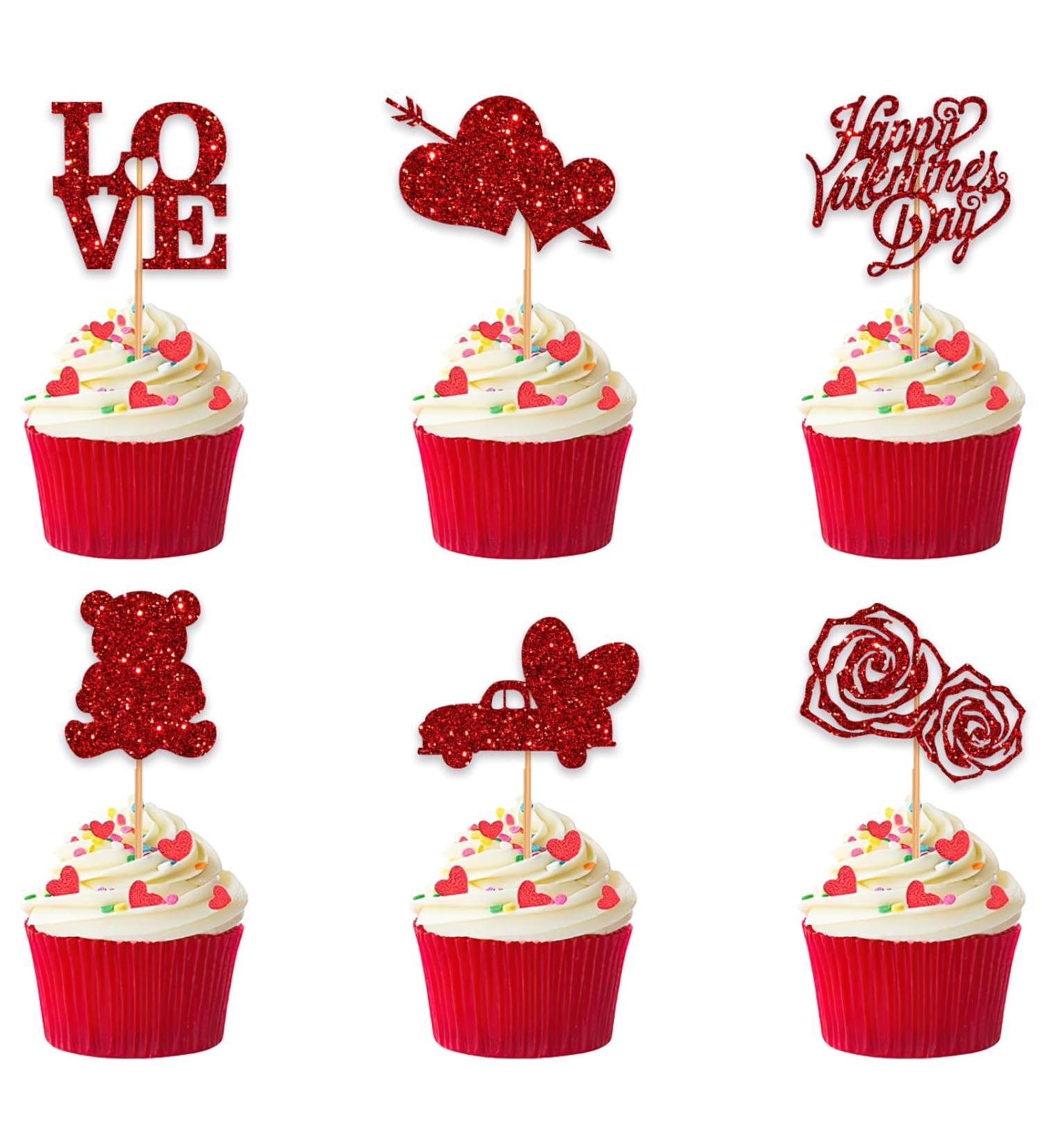 12 Pcs Valentine's Day Cupcake Toppers Glitter Sweet Love Theme Party Dessert Decoration Supplies for Wedding Engagement Bridal Shower Valentine's Day Party Use Valentines Day C - Buy Online on GoSupps.com
