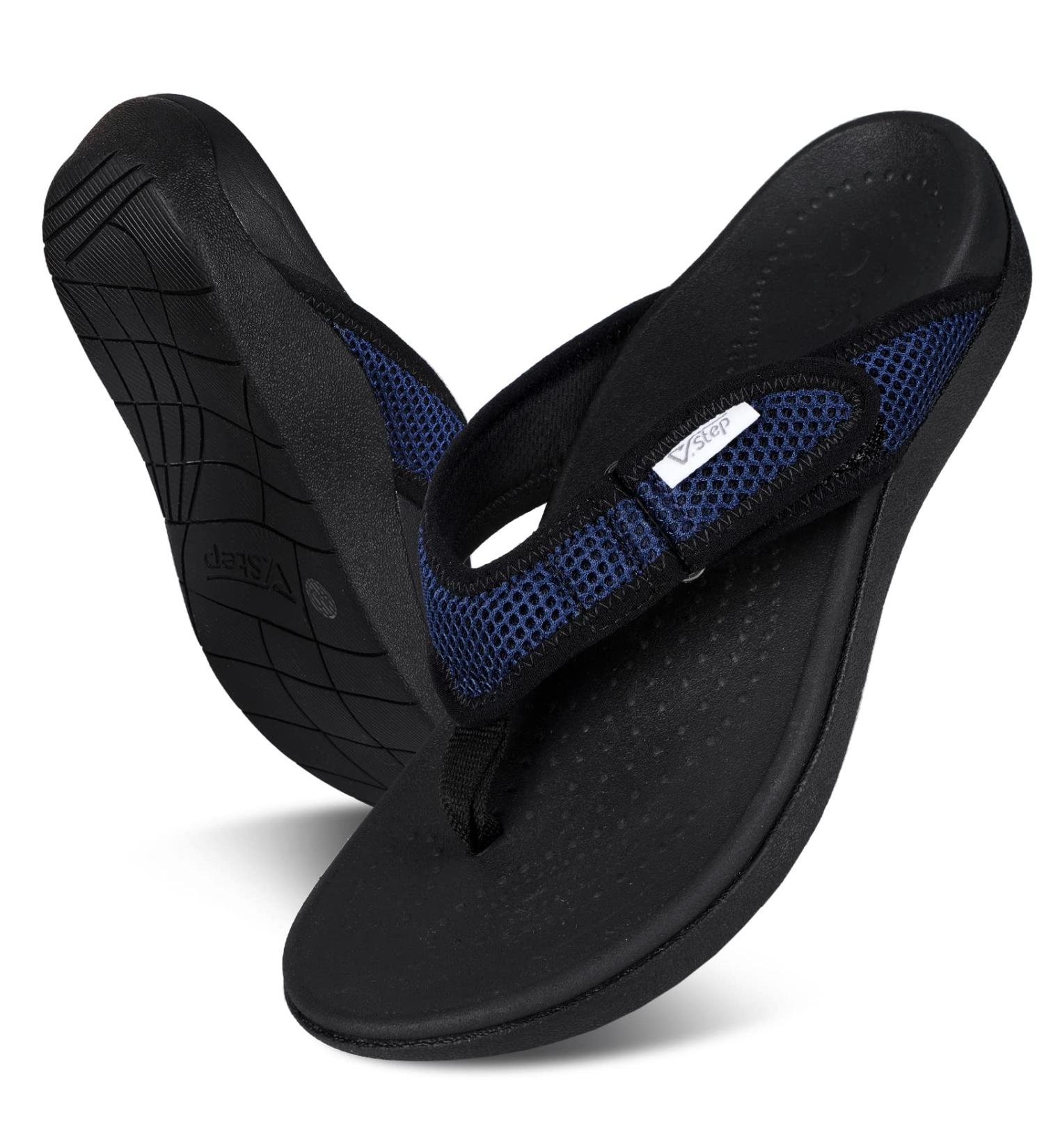 V.Step Orthopedic Flip Flops with Arch Support | Adjustable Mesh Orthotic Sandals for Plantar Fasciitis | Navy Blue - M8/W9.5 - Buy Online on GoSupps.com