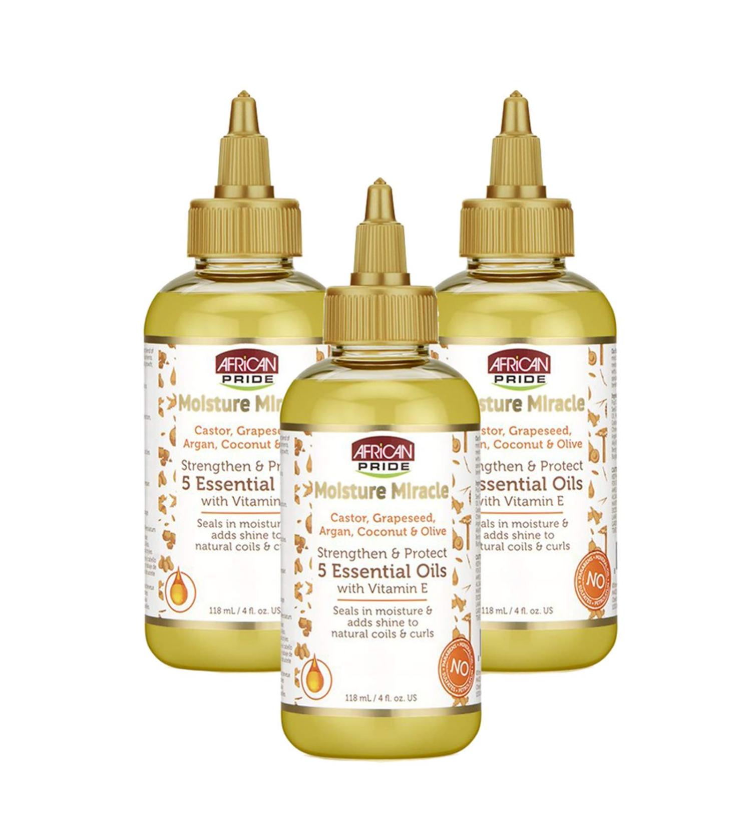 African Pride Moisture Miracle 5 Essential Oils (3 Pack) - Castor, Grapeseed, Argan, Coconut & Olive Oil - 4 oz - Seals in Moisture, Adds Shine - With Vitamin E - Pack of 3 - Buy Online on GoSupps.com