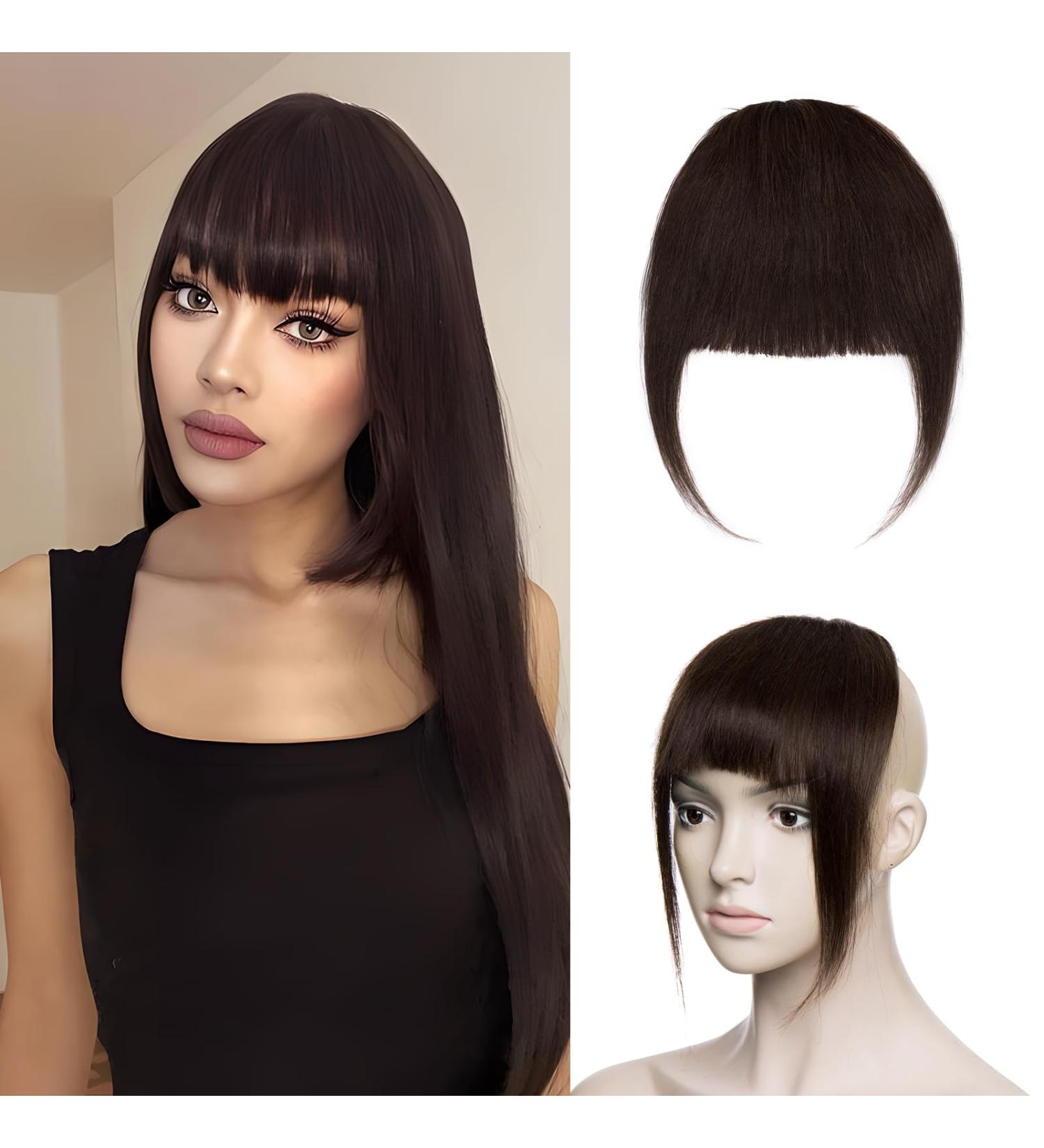 Silk-co One Piece Hair Bangs Fringe Hair Extensions Clip in Human Hair Extension #02 Dark Brown Straight Flat with Temple - Buy Online on GoSupps.com