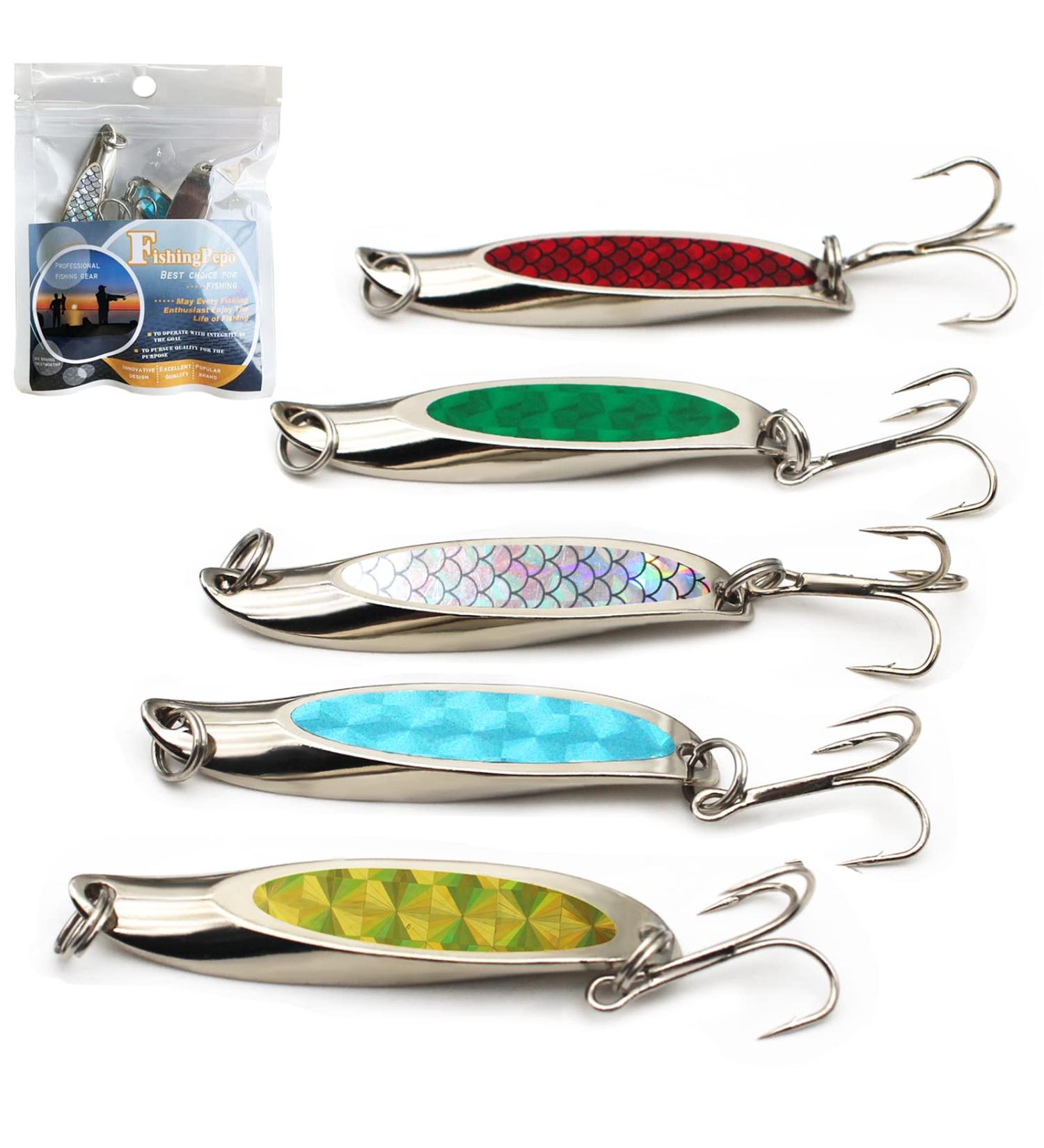 FishingPepo 5pcs 0.5oz Fishing Spoons Lure Kit - Trout, Bass, and Salmon Metal Spinner Baits with Treble Hooks - Hard Fishing Lures for Spinning - Buy Online on GoSupps.com