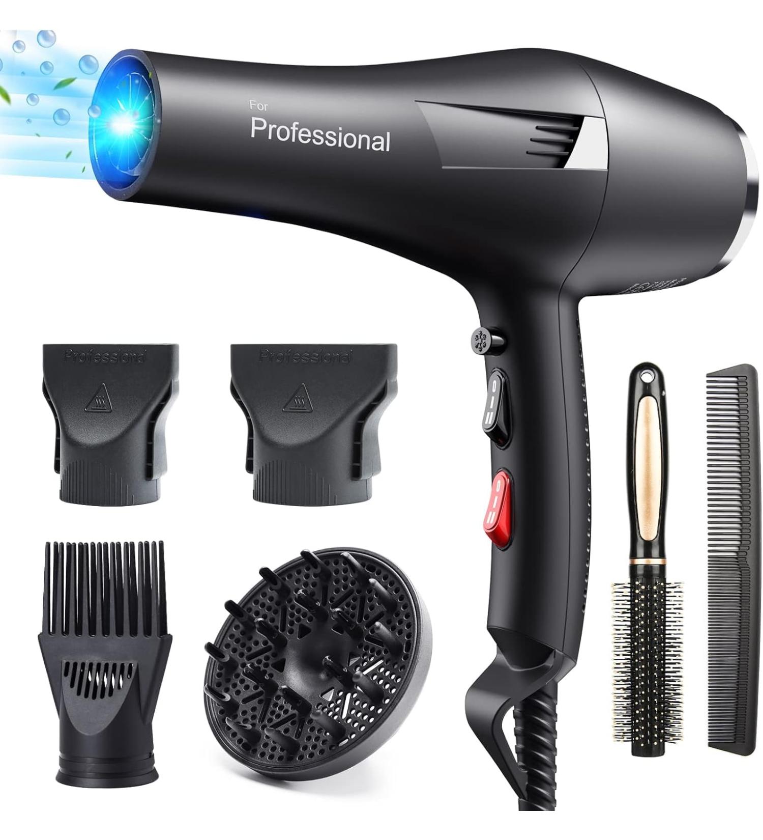 Happygoo Professional 2400W Ion Hair Dryer with Diffuser & Styling Nozzles - Perfect for Home & Salon Use - Black - Buy Online on GoSupps.com