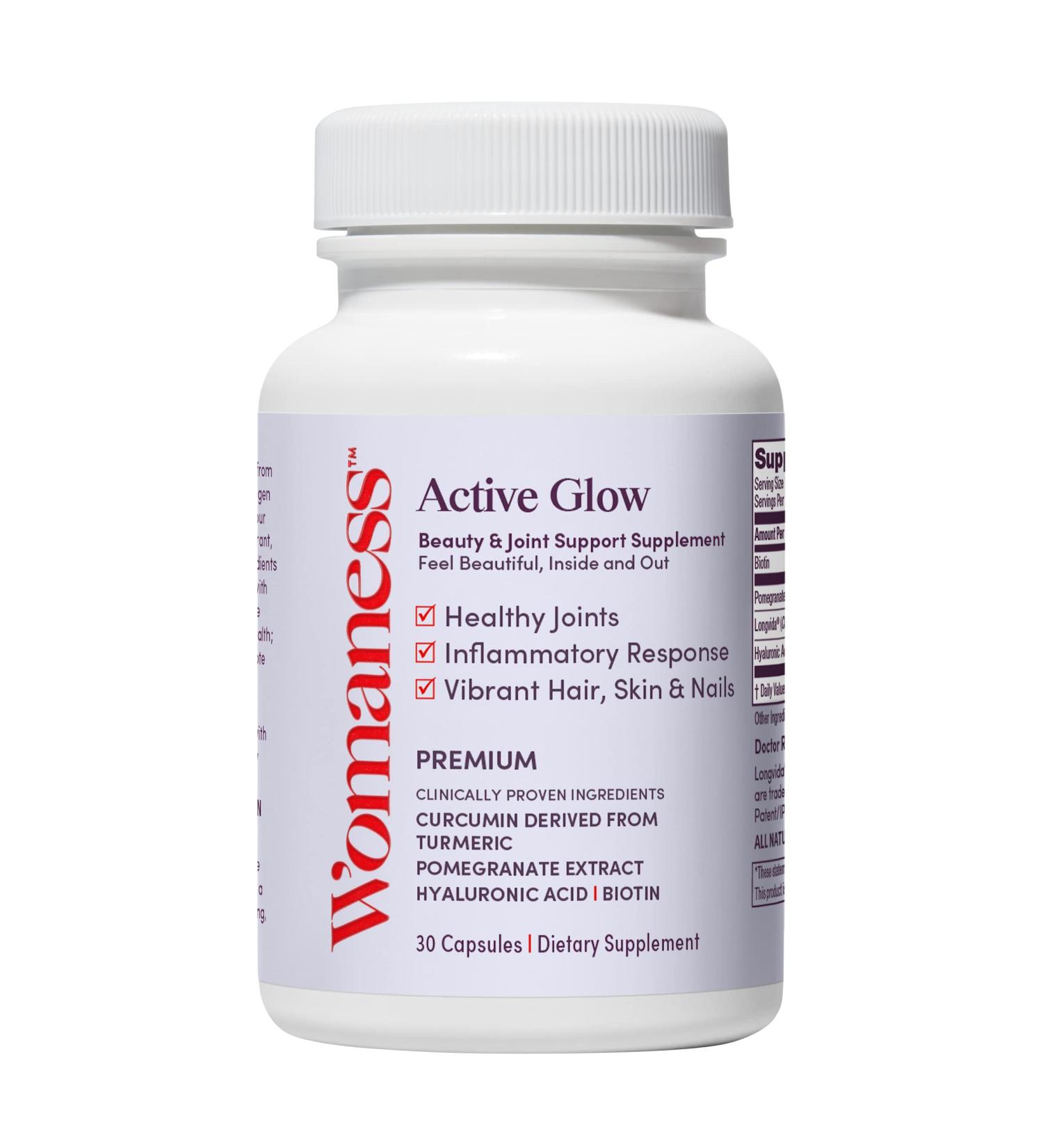 Womaness Active Glow Menopause Support - Hair Skin Nails Vitamins & Joint Health - Longvida Curcumin Pomegranate Extract - 30 Capsules - Buy Online on GoSupps.com