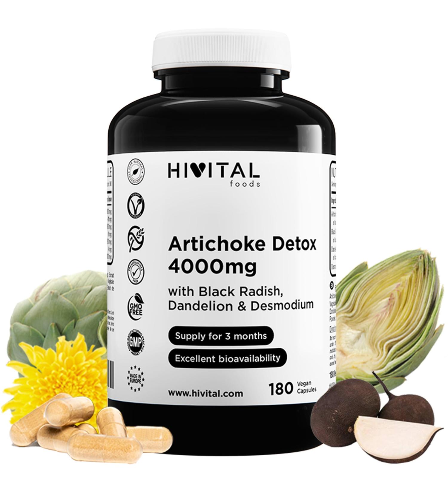 Artichoke Detox 4000 mg. 180 vegan capsules for 3 months. Made with Artichoke Black Radish Dandelion and Desmodium. Diuretic that detoxifies the liver and kidneys and improves digestion - Buy Online on GoSupps.com