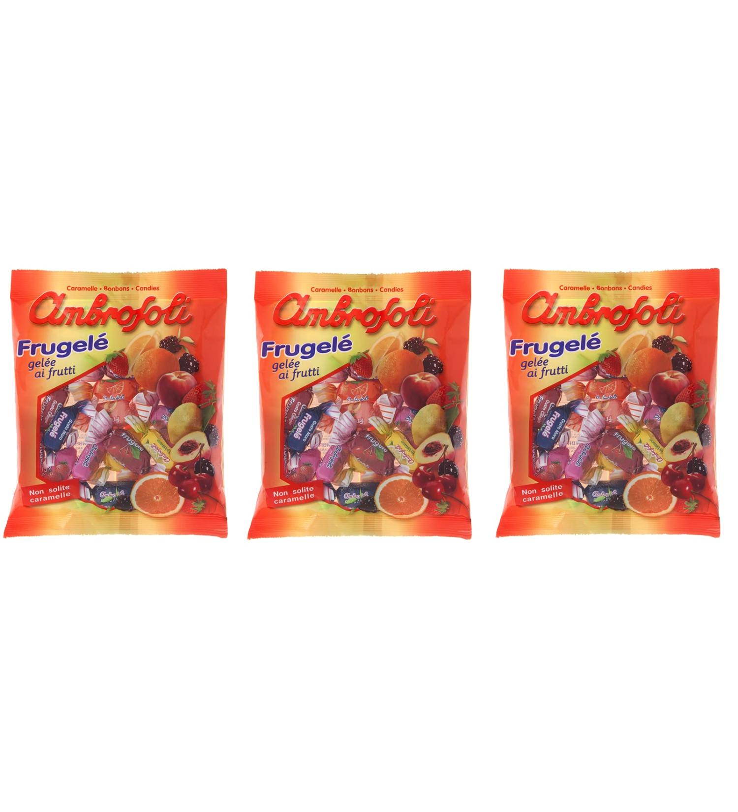 Ambrosoli Set of 3 Ambrosoli Frugel fruit jellies in strawberry lemon orange black cherry peach and blackberry flavors 130g bags of soft fruit candies