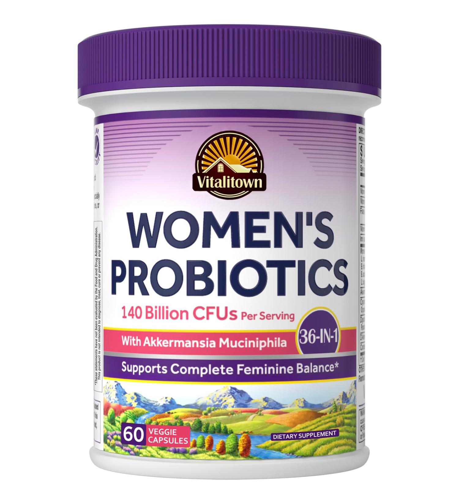 Vitalitown Probiotics for Women 140 Billion CFU 20 Strains Akkermansia Probiotic with Iron Vitamin C B6 & B12 Digestive Enzymes Cranberry D-Mannose Vaginal Probiotics & Prebiotics 60 Capsules - Buy Online on GoSupps.com