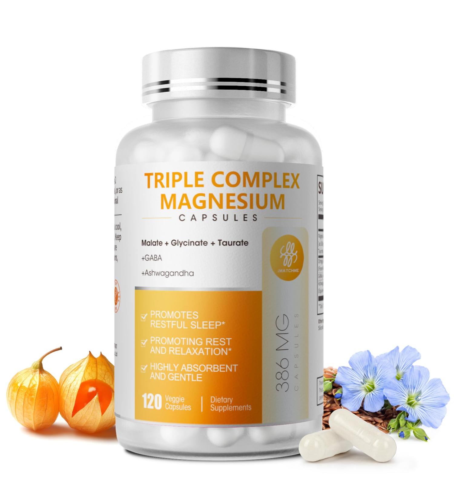 Triple Magnesium Complex - Magnesium Glycinate Taurate & Malate Supplement with Omega3 Ashwagandha GABA for Sleep Brain Heart & Muscle Support - High Absorption and Gentle Vegan 120 Capsules 120 Count (Pack of 1) - Buy Online on GoSupps.com