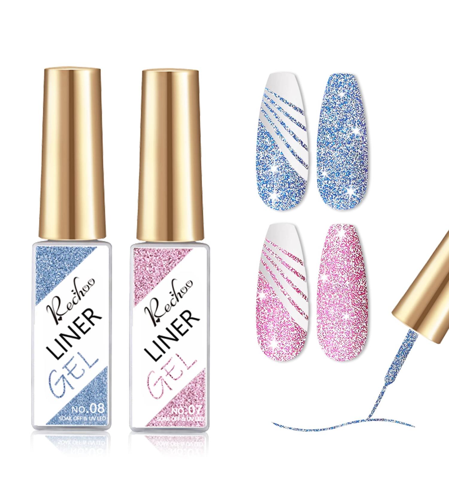 Rechoo 2pcs Liner Nail Gel Polish-10ml Blue & Pink Reflective Glitter Gel Polish - Sparkly Soak Off Shellac for French Nail Art - Nail Design for Beginners & Professionals - G-2 Blue & Pink Glitter - Buy Online on GoSupps.com
