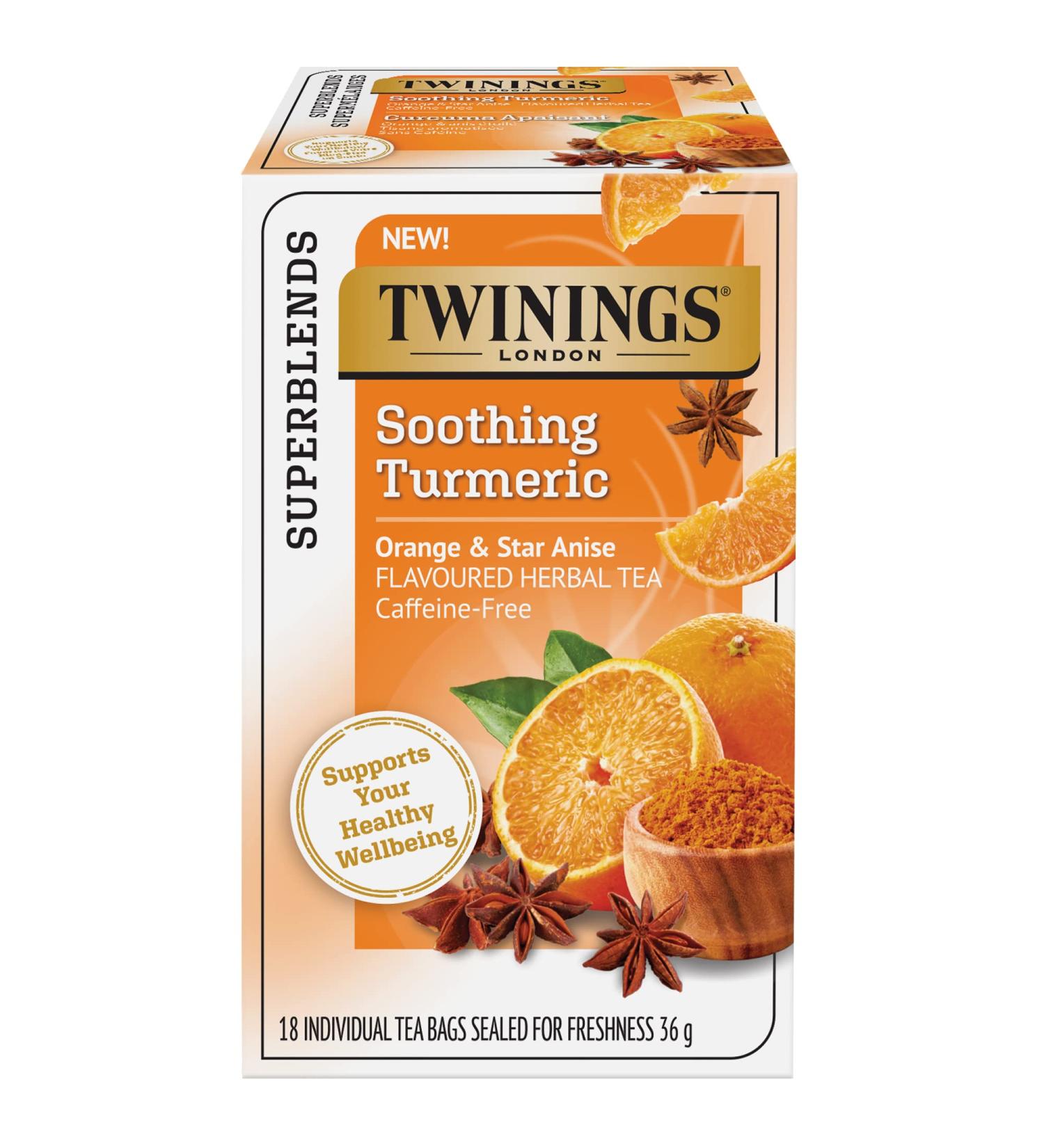 Twinings Soothing Turmeric Orange and Star Anise Flavoured Herbal Tea | Caffeine-Free | 18 Count (Pack of 6) | Enjoy Hot or Iced - Buy Online on GoSupps.com