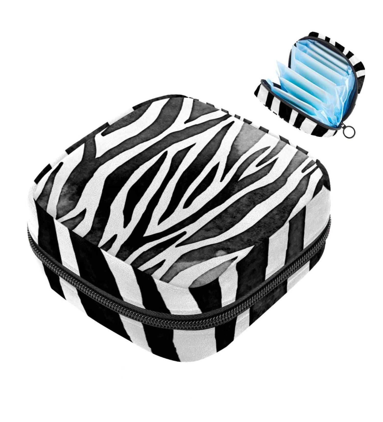 Zebra Pattern Storage Bags for Women | Portable Menstrual Pad & Bandage Holder | Black & White Design for School & Office - Buy Online on GoSupps.com