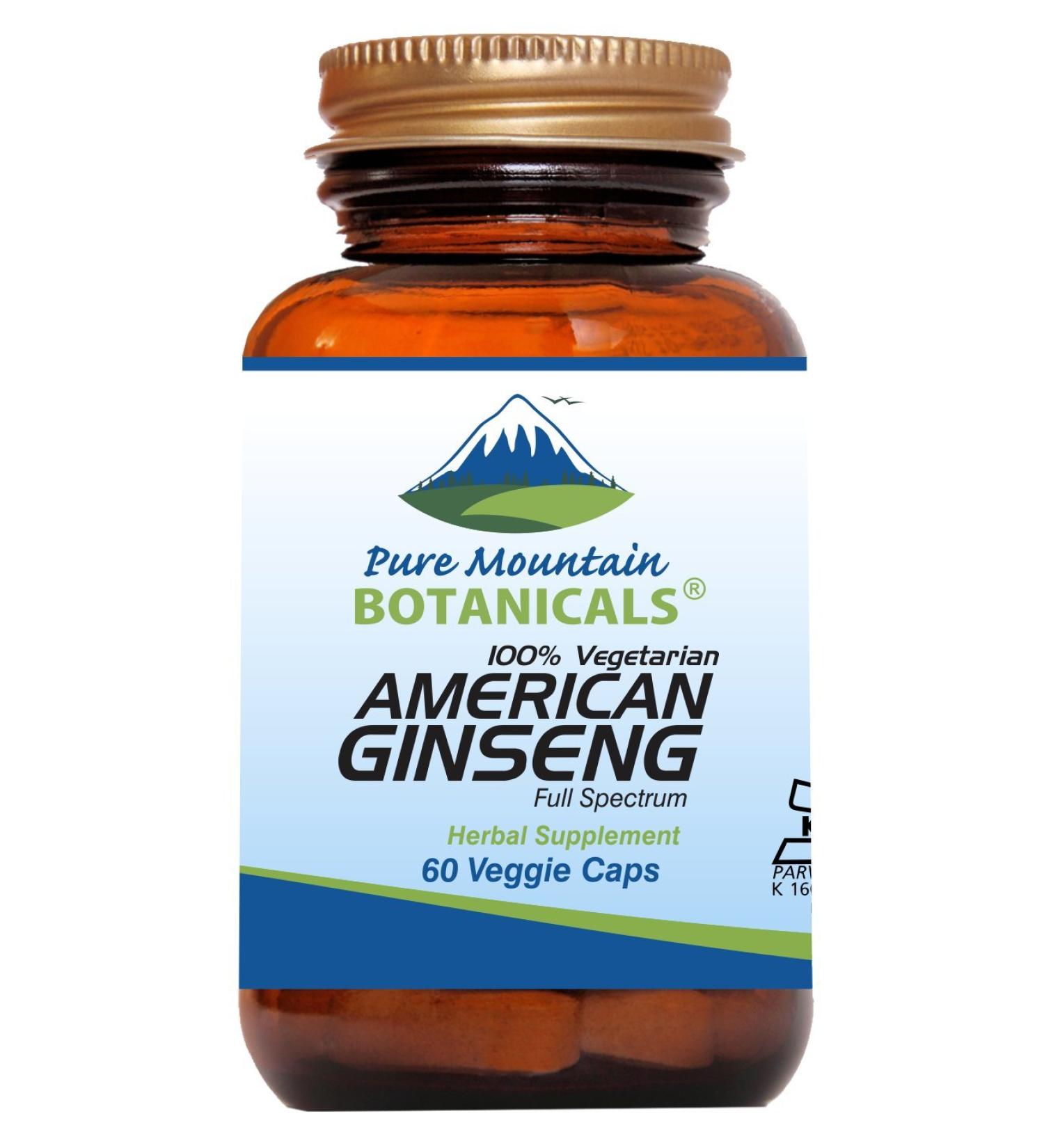 Pure Mountain Botanicals American Ginseng Capsules Kosher Vegan Caps Now with 400mg Panax Quinquefolia Ginseng Root - Buy Online on GoSupps.com
