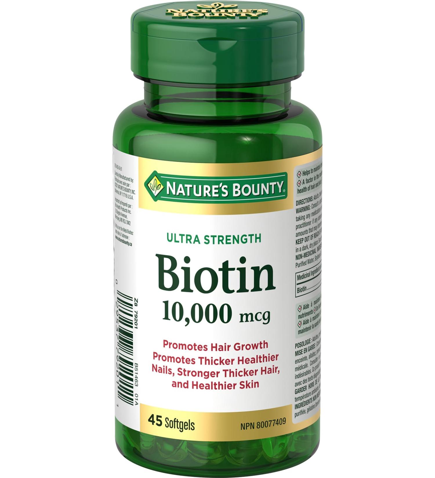 Nature's Bounty Biotin Supplement Promotes Hair Growth and Strong Hair 10000mcg 45 Softgels - Buy Online on GoSupps.com