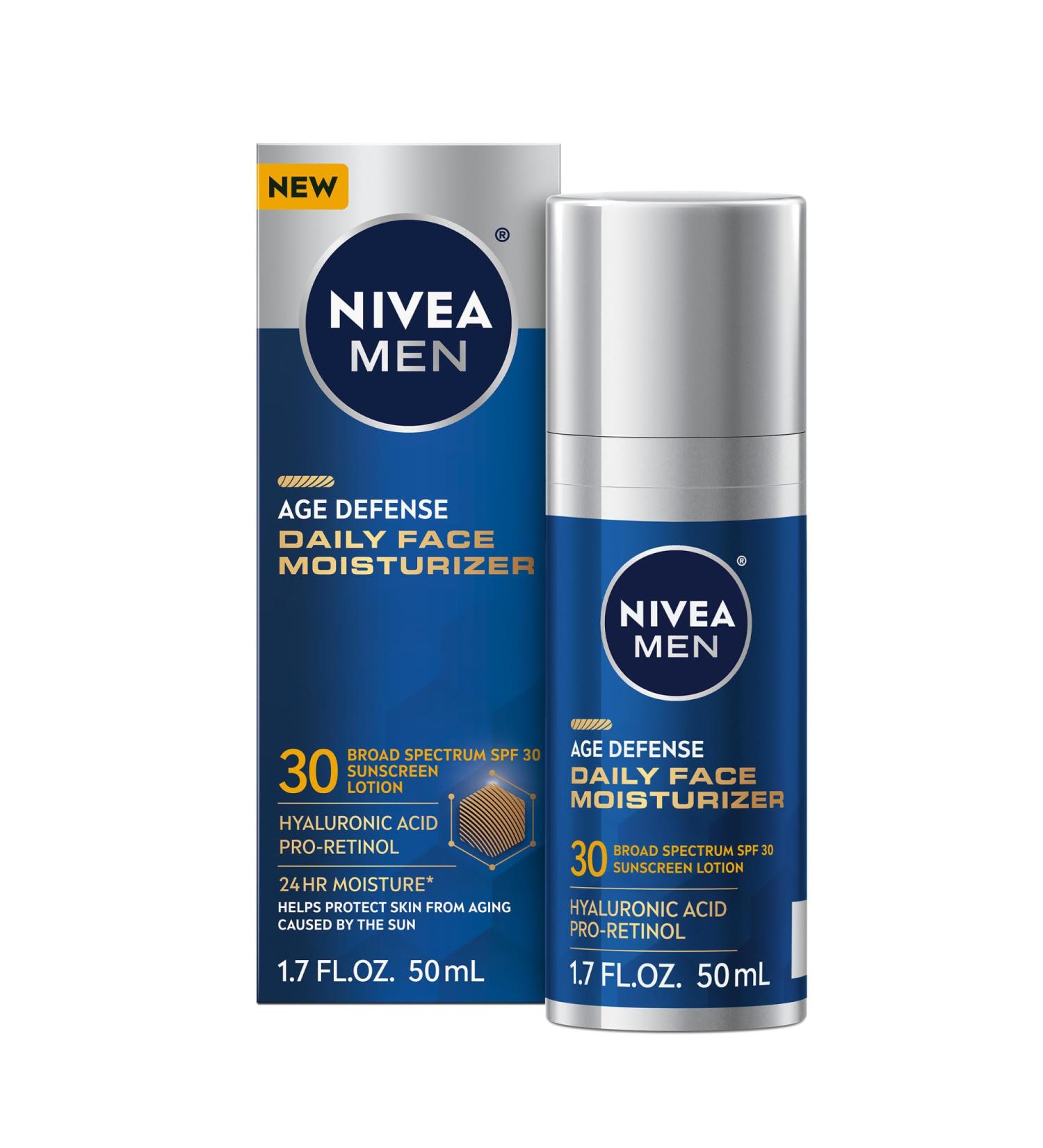 NIVEA MEN Age Defense Daily Face Moisturizer with Broad Spectrum SPF 30 Sunscreen Pro-Retinol and Hyaluronic Acid Beard-Friendly Face Lotion Helps Defend Against UVA/UVB Rays 1.7 Fl Oz Bottle 1 Fl Oz (Pack of 1) - Buy Online on GoSupps.com