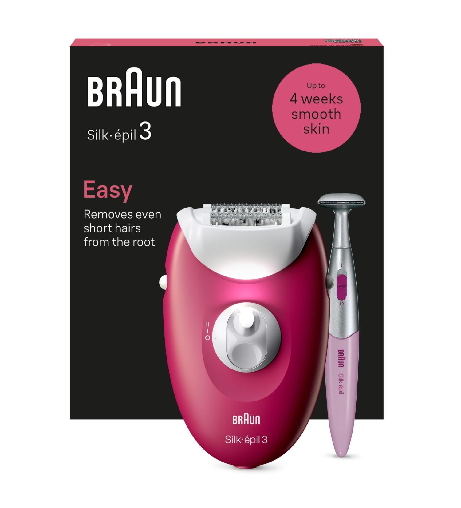 Buy Braun Silk- pil 3 Wired Epilator for Women - Hair Removal Razor & Trimmer Attachments Body Massage - New 2023 Raspberry - Buy Online on GoSupps.com