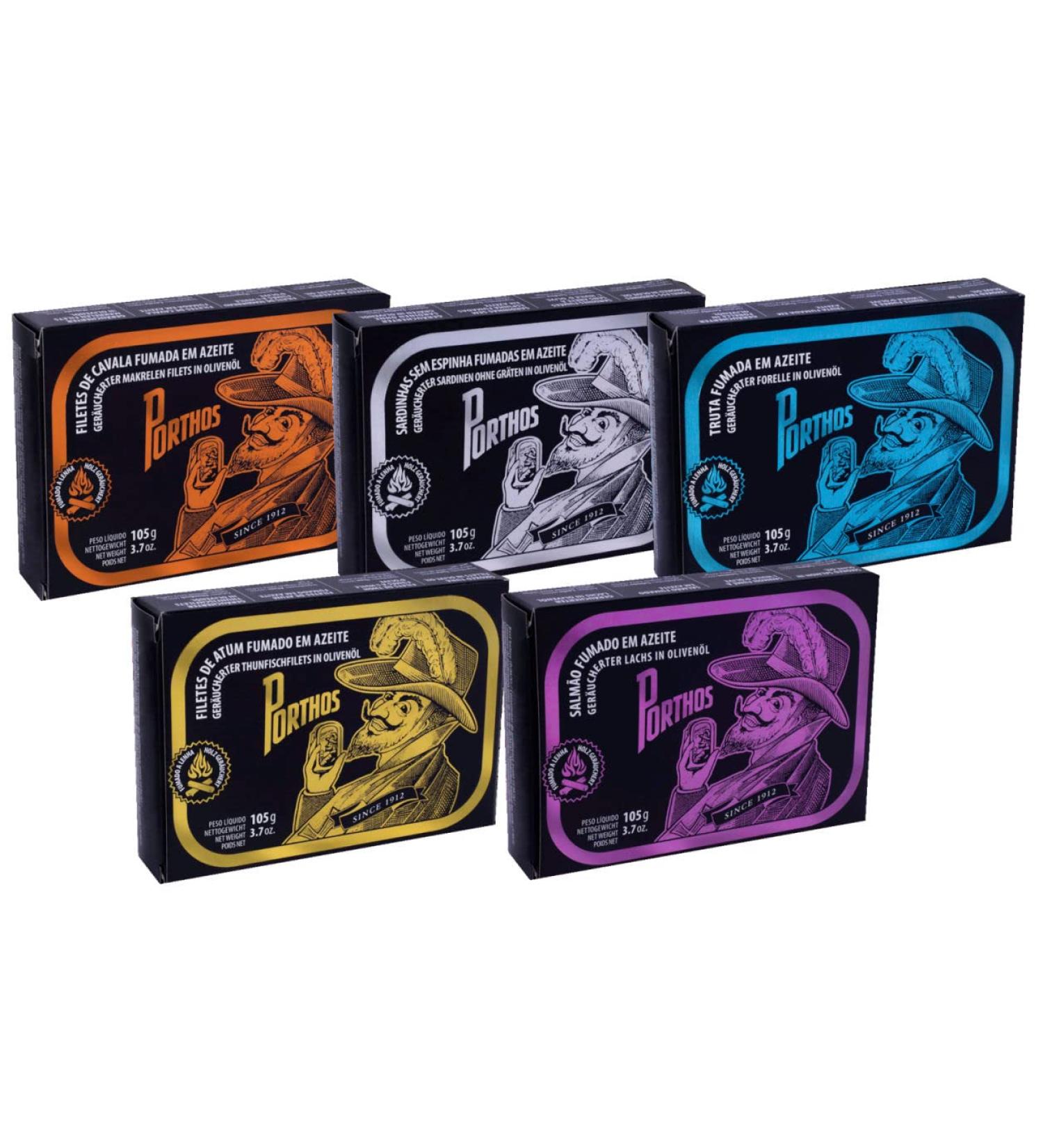 Porthos Gourmet Wood Smoked Sardines Salmon Mackerel Trout & Tuna - Premium International Seafood - Buy Online on GoSupps.com