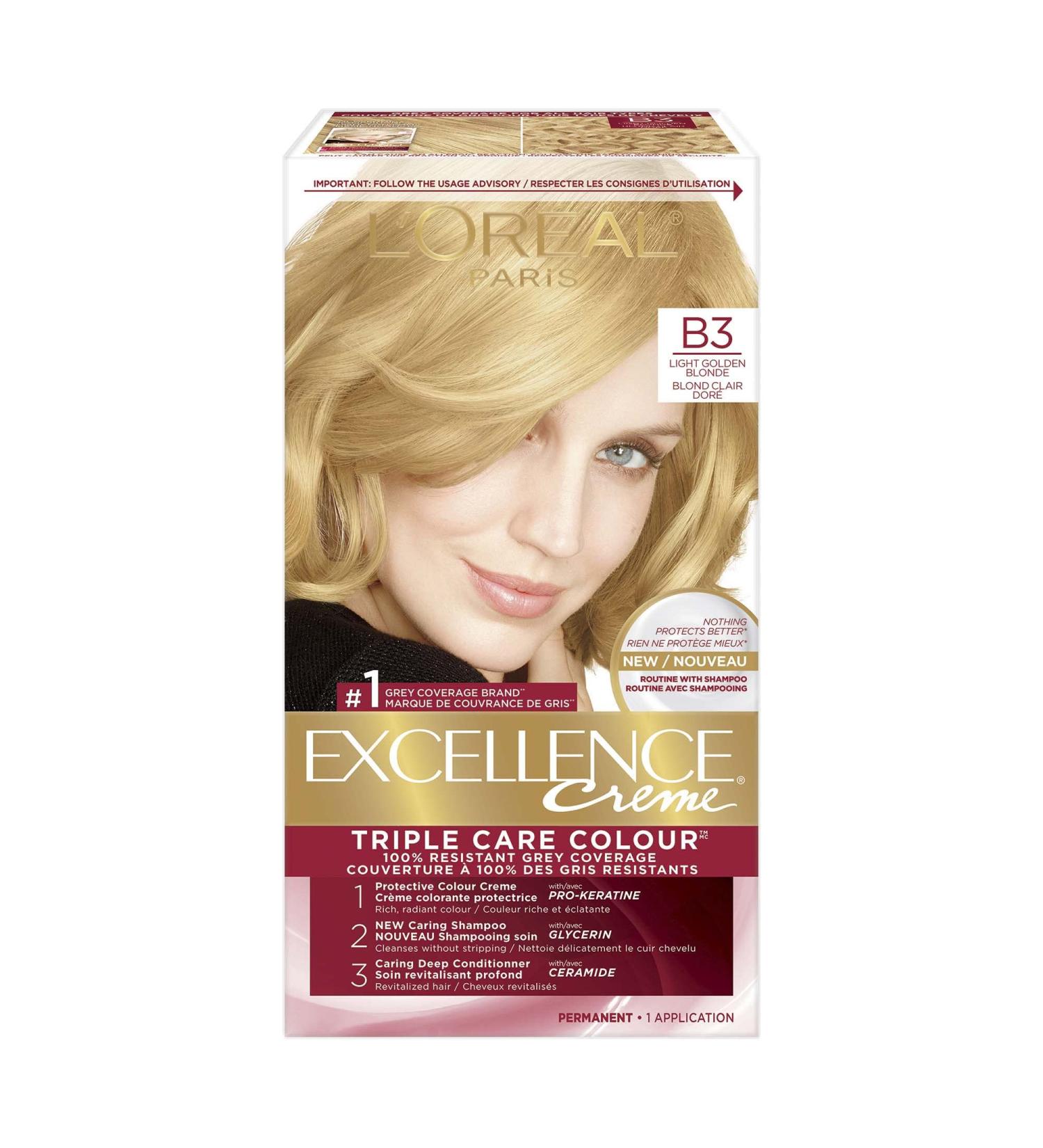 L Or al Paris Excellence Cr me Permanent Hair Color B3 Light Golden Blonde 100% Grey Coverage Hair Dye 1 EA (Packaging May Vary) B3 Light Golden Blonde Cream formula - Buy Online on GoSupps.com