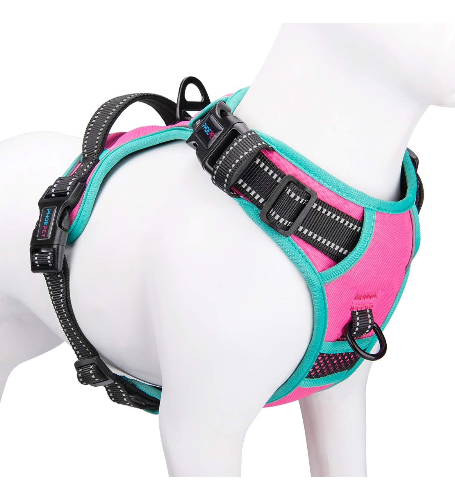 Phoepet Reflective Adjustable Dog Harness - Hot Pink XS with Training Handle 2 Metal Hooks & 3 Snap Buckles - Buy Online on GoSupps.com