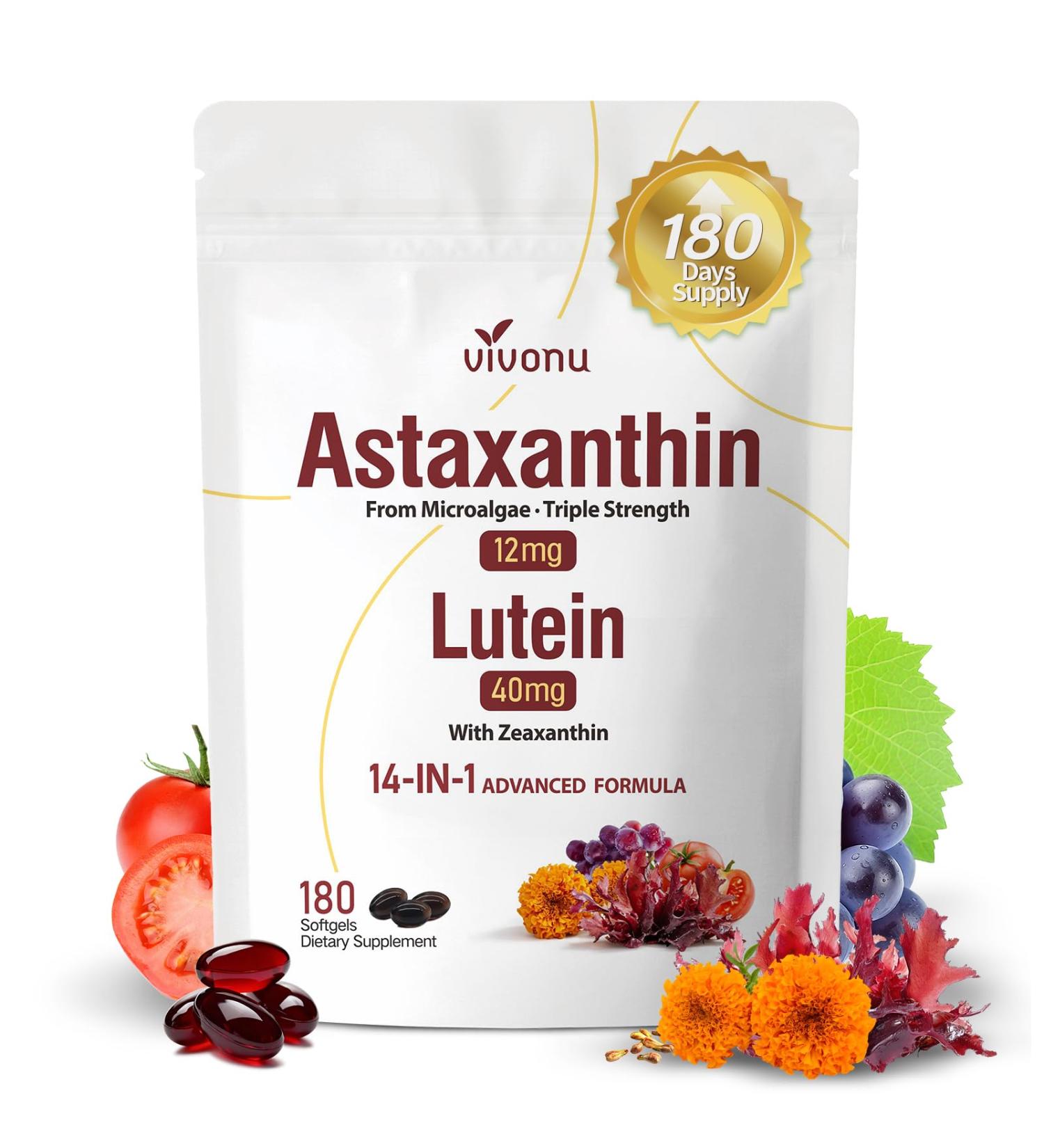14-in-1 Astaxanthin 12mg & Lutein 40mg with Zeaxanthin Supplements, 6 Month Supply, Fresh Microalgae Source, Supports Eye, Skin, Antioxidant, Joint, Circulatory Health Non-GMO Gluten Free 180 Softgels 1 Bag | 180 Softgels - Buy Online on GoSupps.com