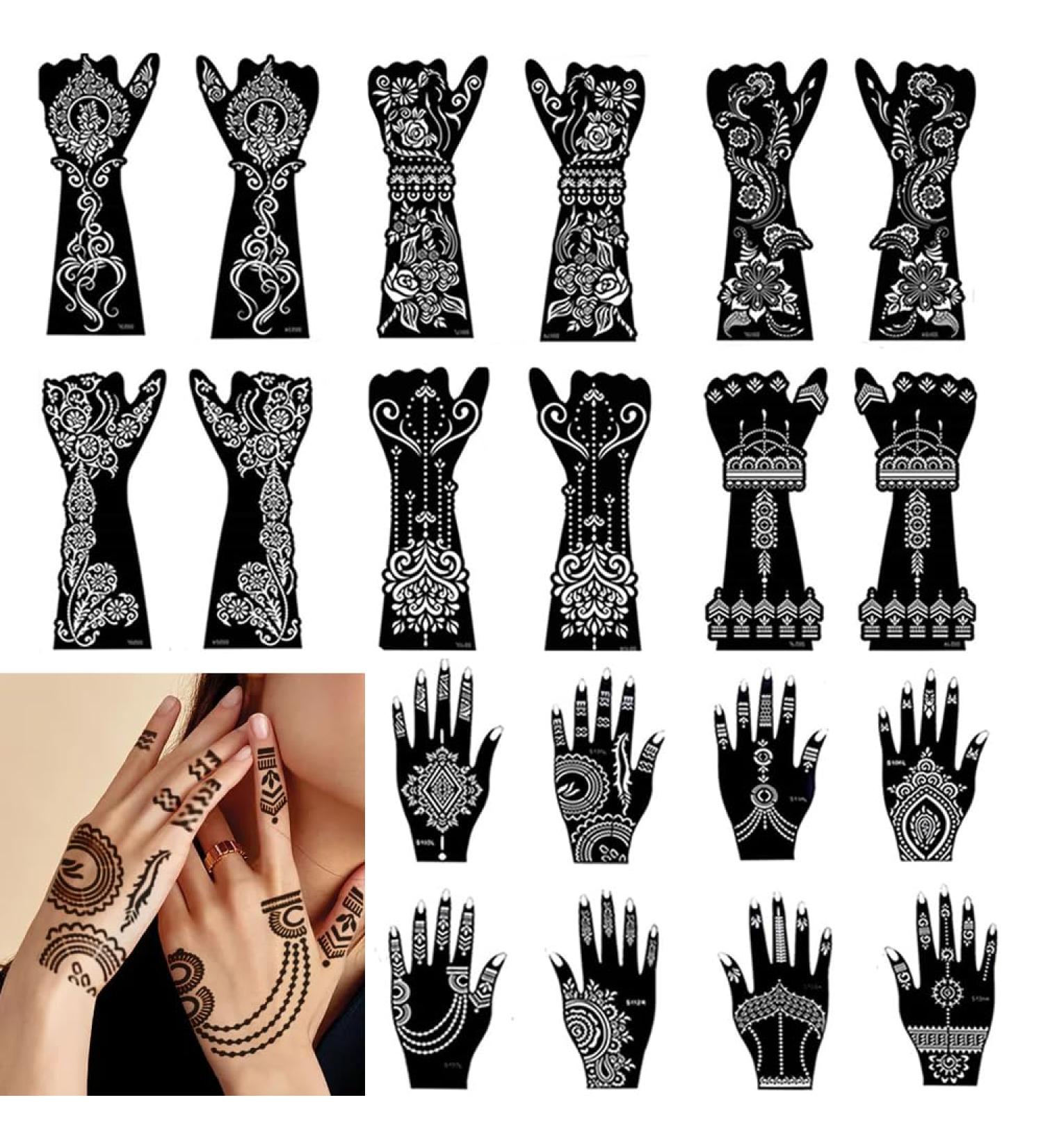 20 Large Henna Tattoo Stencils - Indian Arabian Temporary Body Paint Kit for Women | Arm & Hand Templates with Tattoo Stickers - Buy Online on GoSupps.com