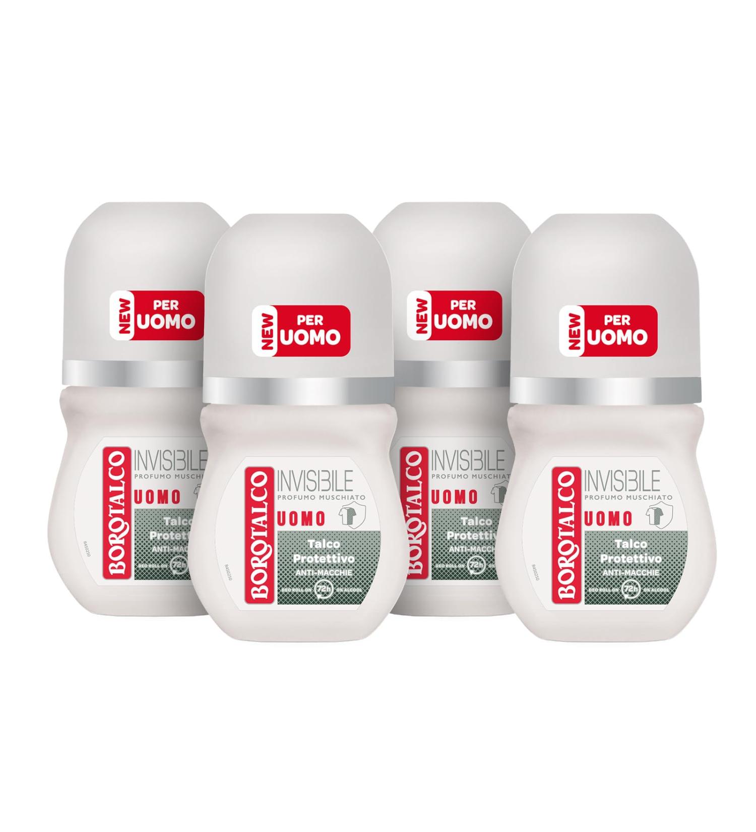  Borotalco Borotalco Invisible Roll-On Deodorant for Men with Protective Talc Stain Resistant Alcohol Free Musk Scent 72H Effectiveness - 4 x 50ml - Amazon Exclusive - Buy Online on GoSupps.com