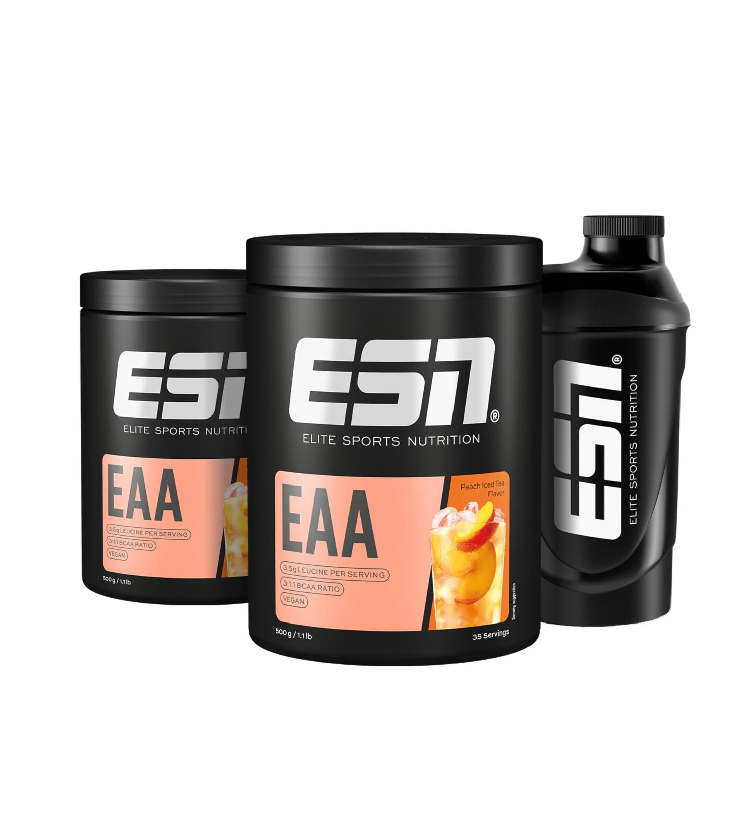 Buy ESN EAA Peach Iced Tea - 2x500g Vegan Amino Powder | Free Shaker | 8 Essential Amino Acids | Made in Germany - Buy Online on GoSupps.com
