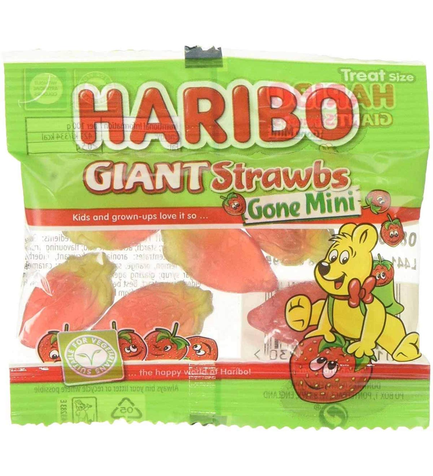 Full Box of HARIBO Treat Size MINIS 100 x 16g Bags (Giant STRAWBS) - Buy Online on GoSupps.com