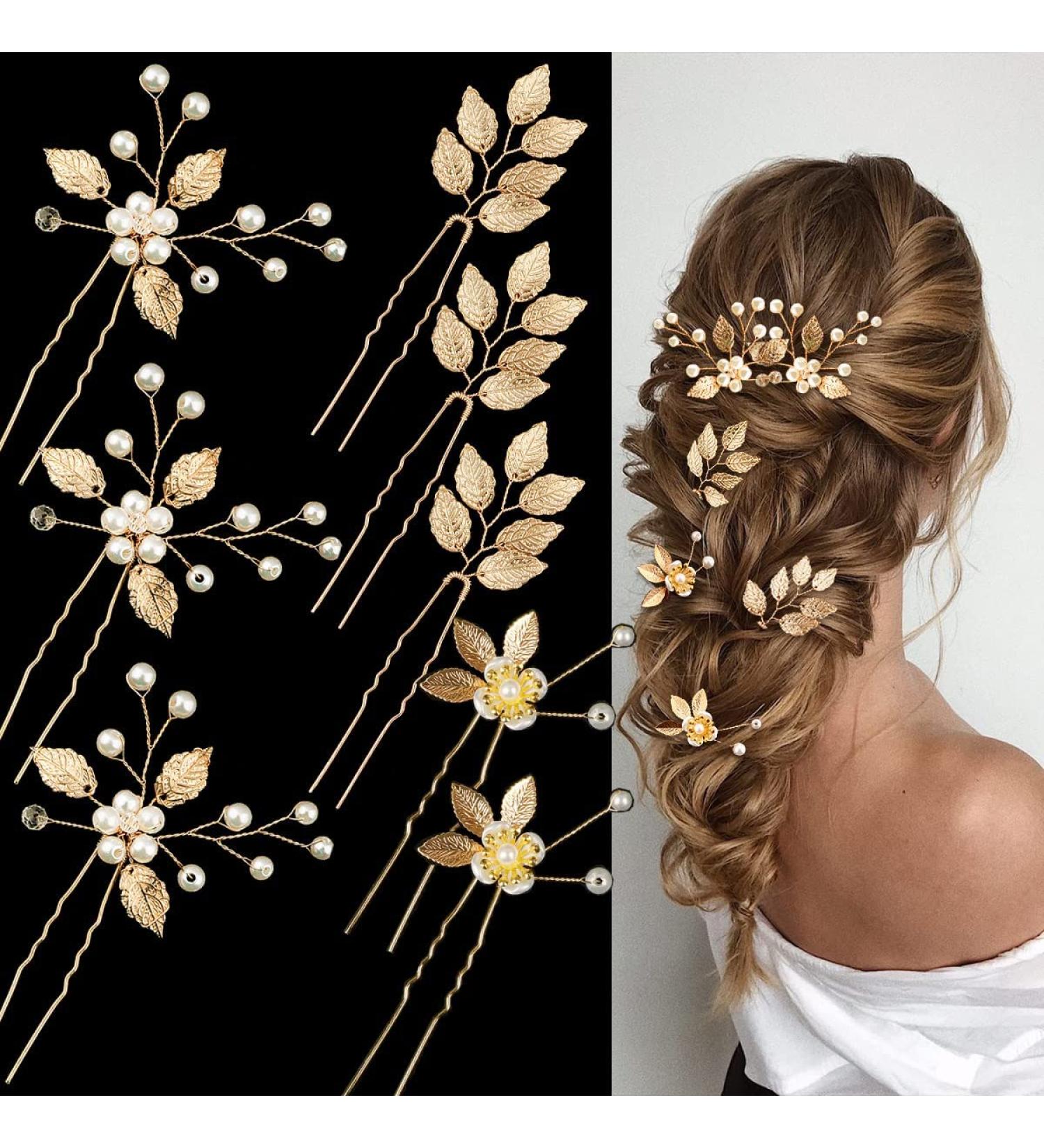 Gold Leaf Wedding Hair Pins with Pearls & Crystals - Bridal Hair Accessories - Buy Online on GoSupps.com