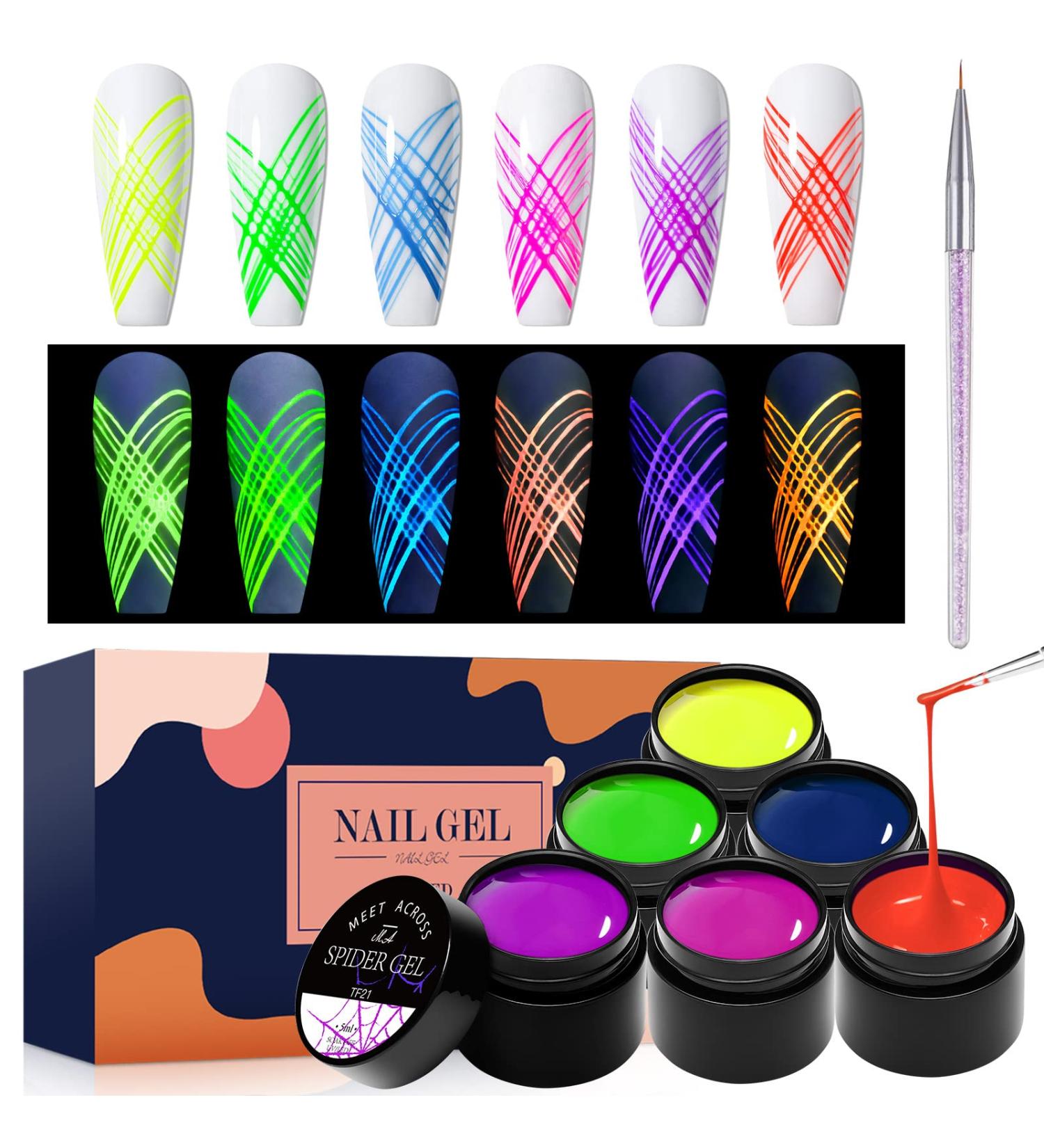 Glow in the Dark Spider Gel Nail Art - 6 Colors Luminous Drawing Gel for DIY Manicure | UV LED Soak Off Elastic Line Painting Gel with Brushes - Buy Online on GoSupps.com