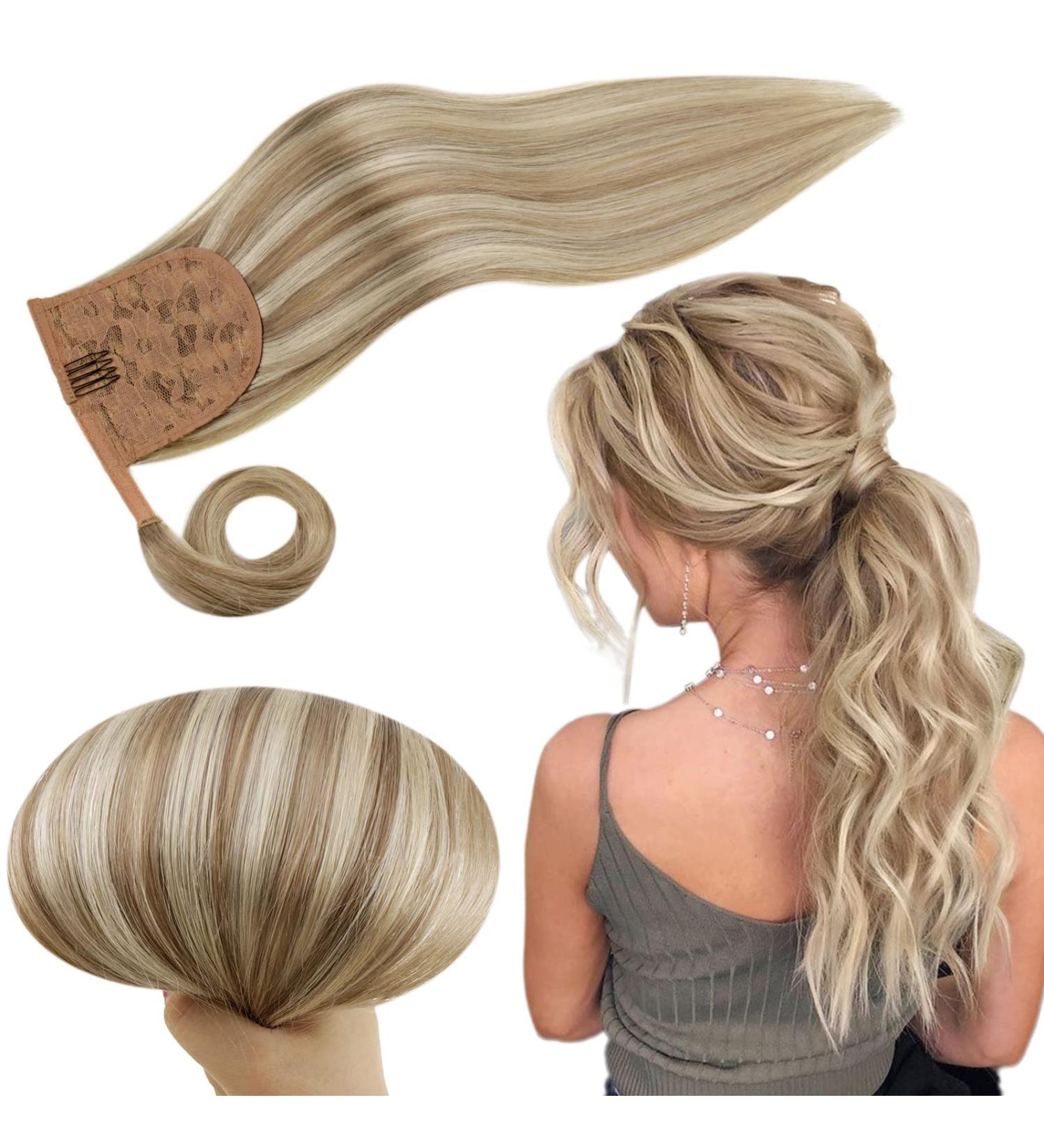 RUNATURE Ash Brown Highlighted Platinum Blonde Human Hair Ponytail Extension 12 Inch - Clip in Ponytail Hair Extension 70g - Straight Ponytail with Magic Paste - Buy Online on GoSupps.com