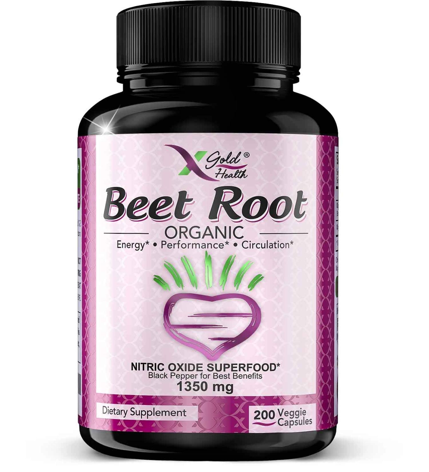 Premium Organic Beet Root Powder 1350mg - 200 Veggie Caps | Nitric Oxide Superfood Supplement with Black Pepper for Circulation, Heart Health & Athletic Performance - Buy Online on GoSupps.com